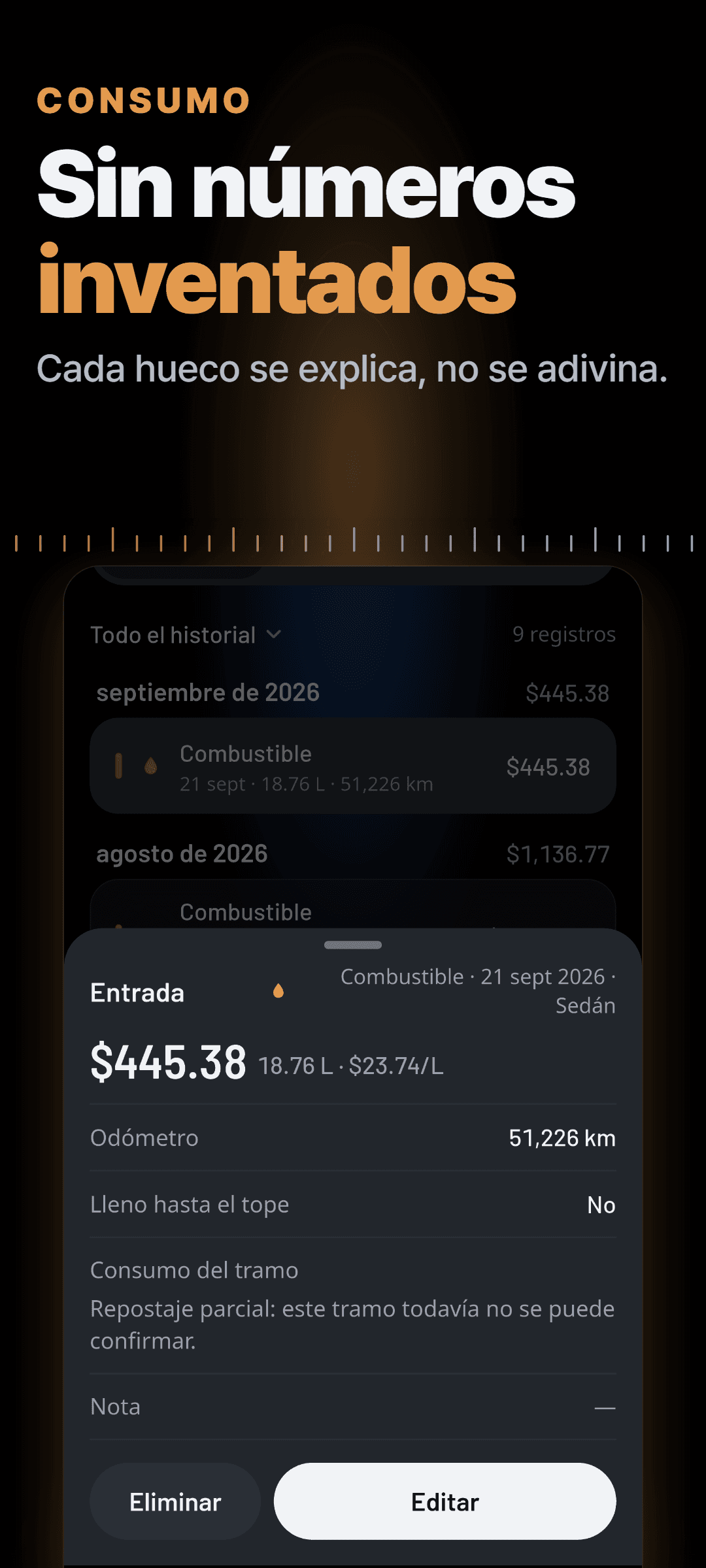 Una entrada de gasolina abierta: una carga parcial, donde el rendimiento del tramo dice que aún no se puede confirmar en lugar de mostrar un número adivinado