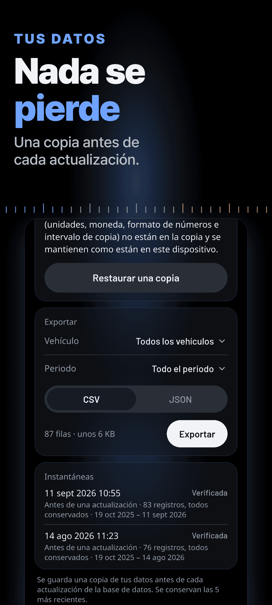 Tus datos: restaurar desde un respaldo, exportar CSV o JSON por vehículo y periodo, e instantáneas verificadas tomadas antes de cada actualización