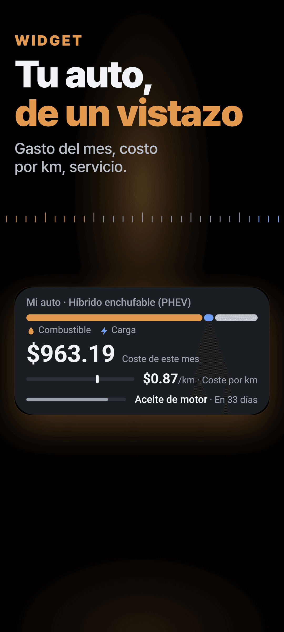 El widget de la pantalla de inicio de un híbrido enchufable: el gasto del mes dividido en gasolina y carga, el costo por kilómetro y el próximo servicio