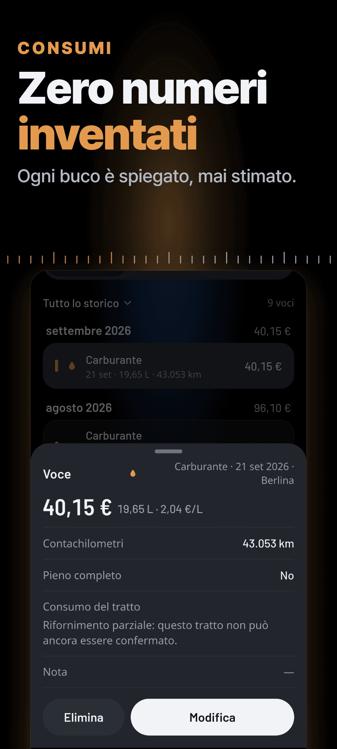 Una voce di rifornimento aperta: un pieno parziale, dove il consumo del tratto dice che non può ancora essere confermato invece di mostrare un numero indovinato