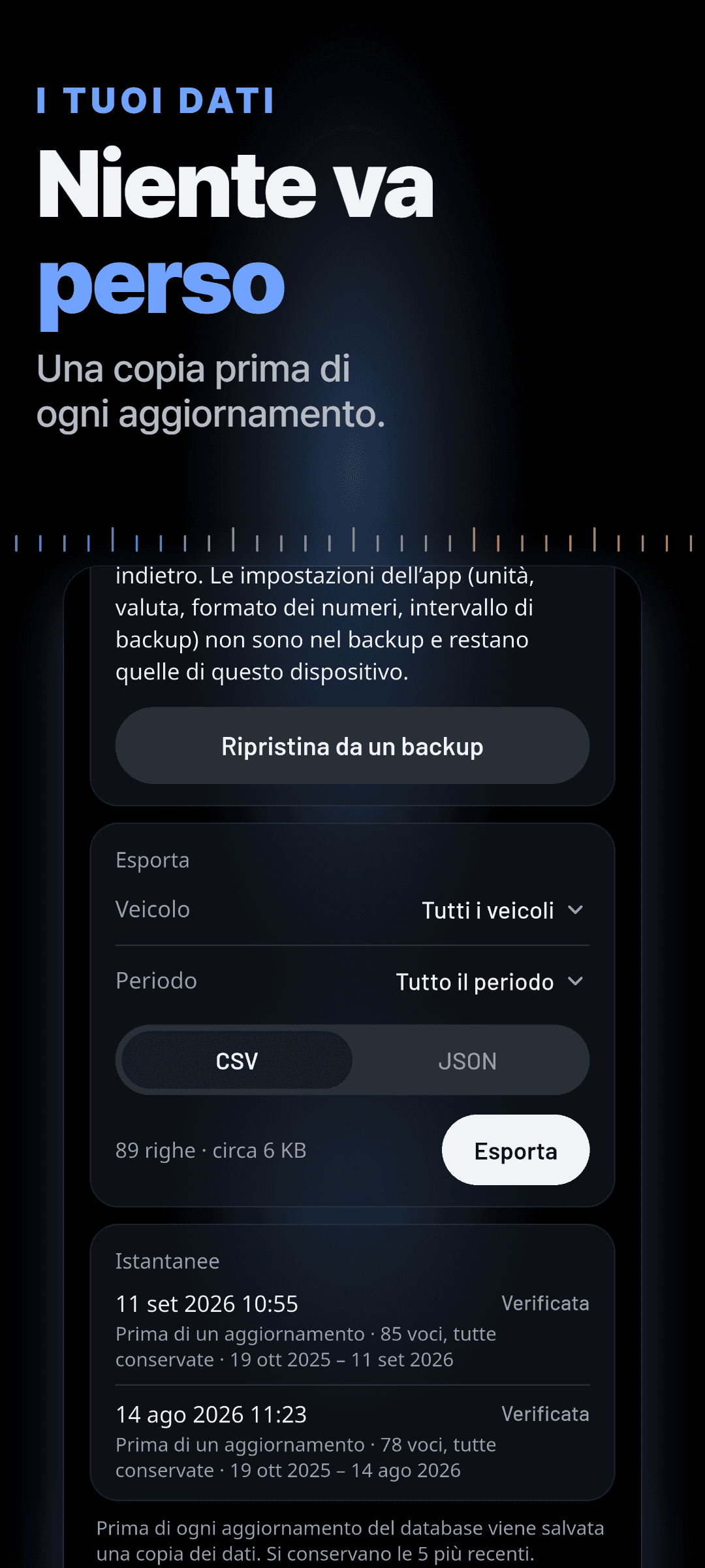 I tuoi dati: ripristino da un backup, esportazione CSV o JSON per veicolo e periodo e istantanee verificate salvate prima di ogni aggiornamento