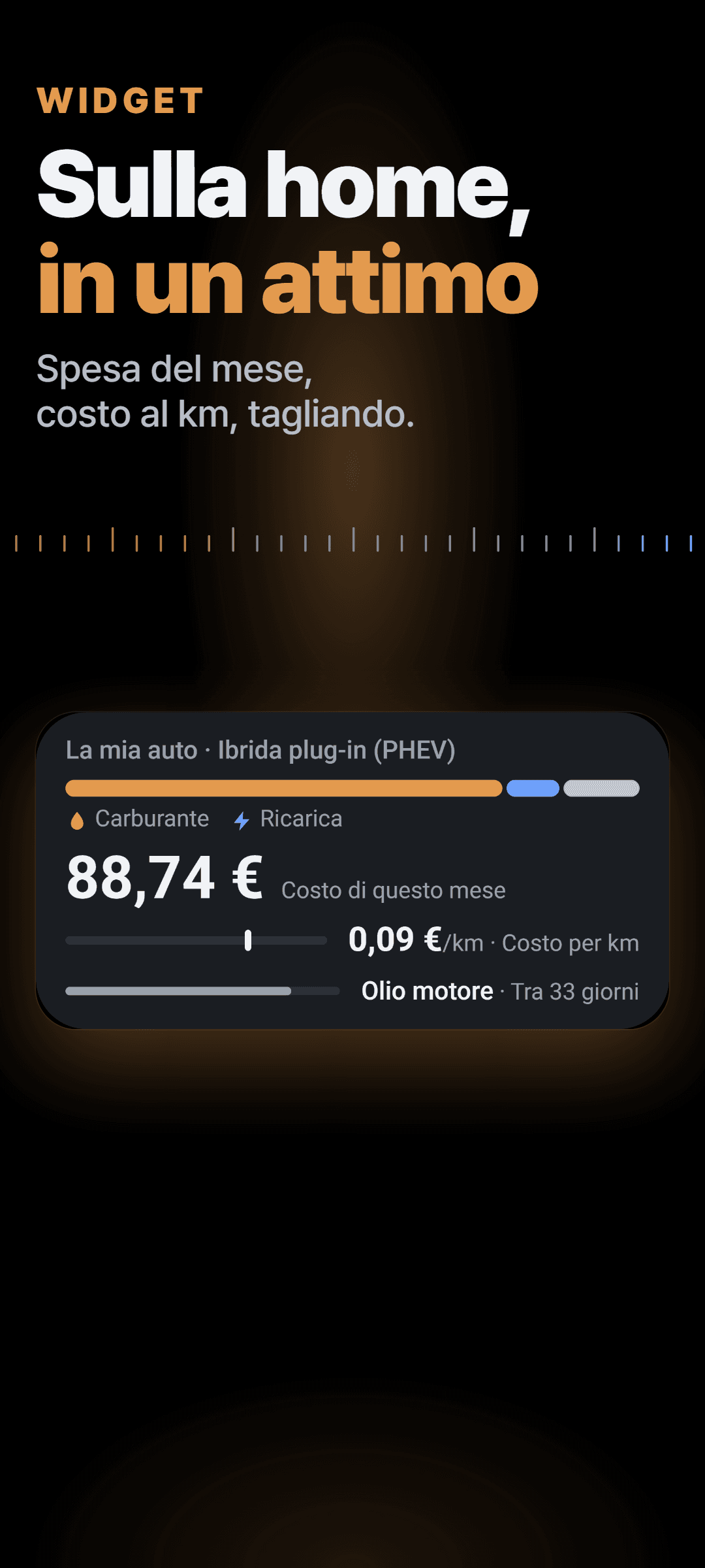 Il widget della schermata Home per un’ibrida plug-in: la spesa del mese divisa tra rifornimento e ricarica, il costo al chilometro e il prossimo tagliando