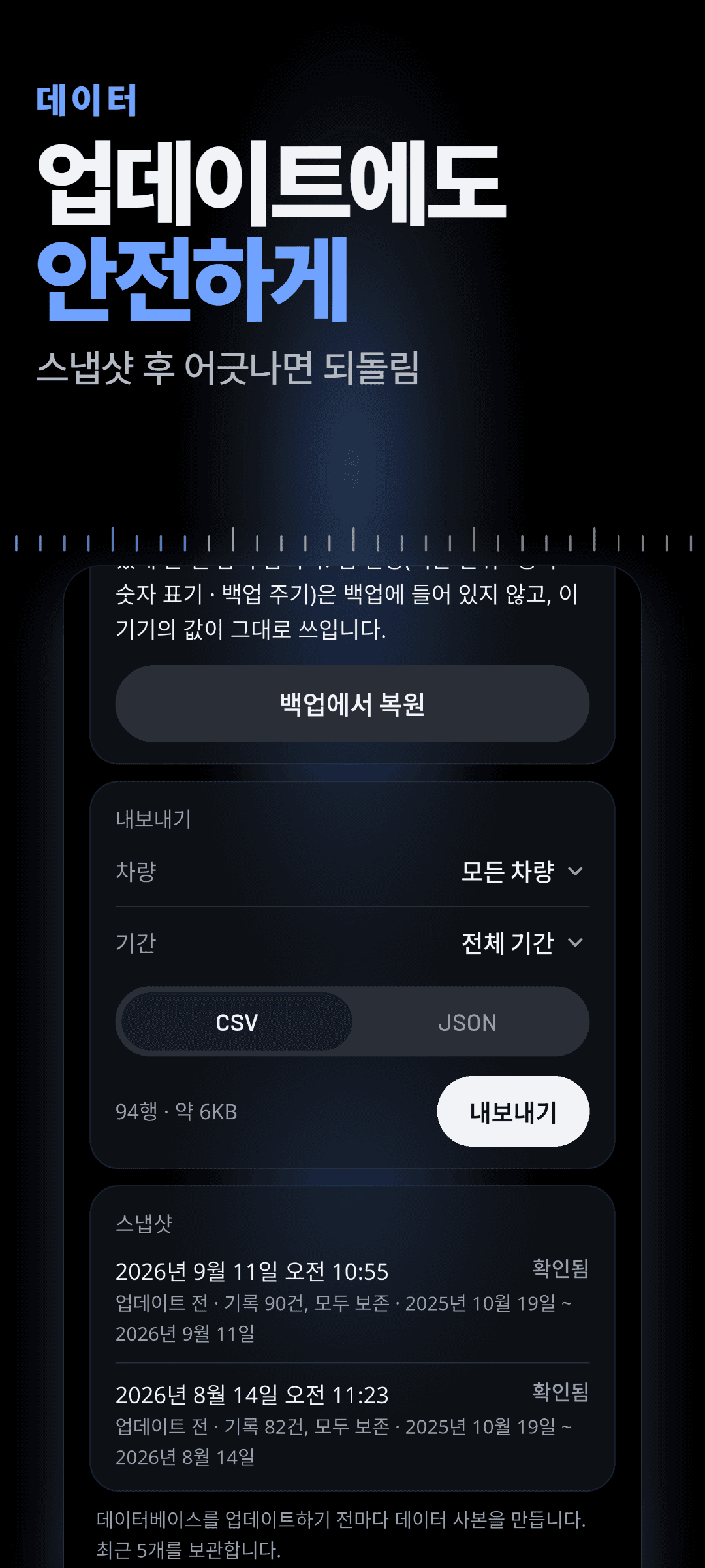 데이터: 백업에서 복원, 차량·기간별 CSV·JSON 내보내기, 업데이트 전에 뜬 검증 완료 스냅샷 목록