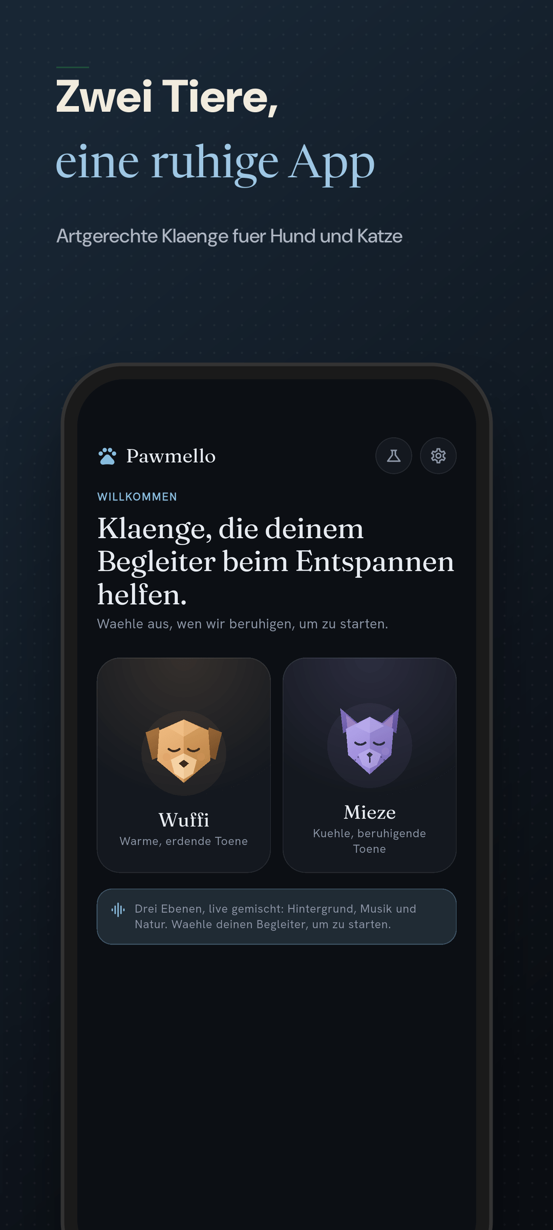 Startbildschirm mit Auswahl Hund und Katze