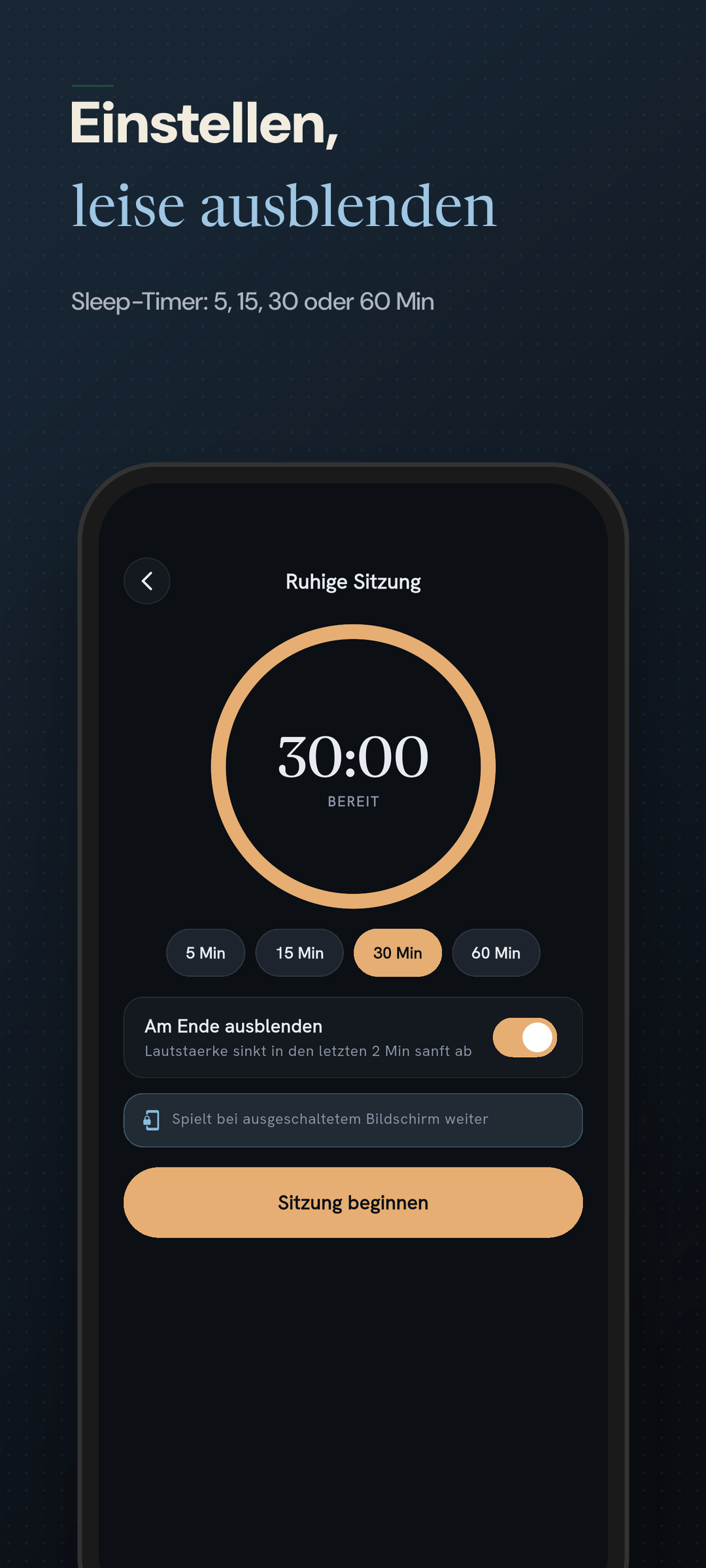 Sleep-Timer-Dauern 5, 15, 30 und 60 Minuten