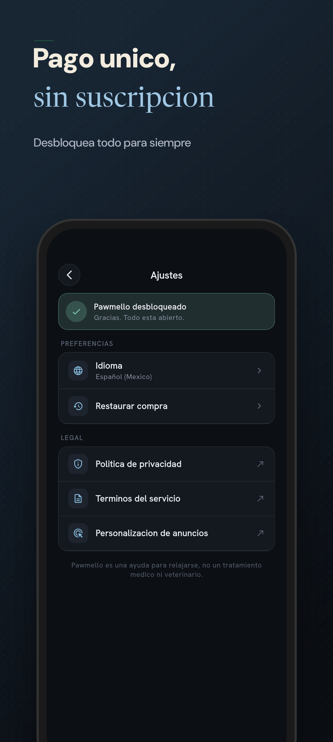Ajustes con idioma, restauracion y enlaces legales