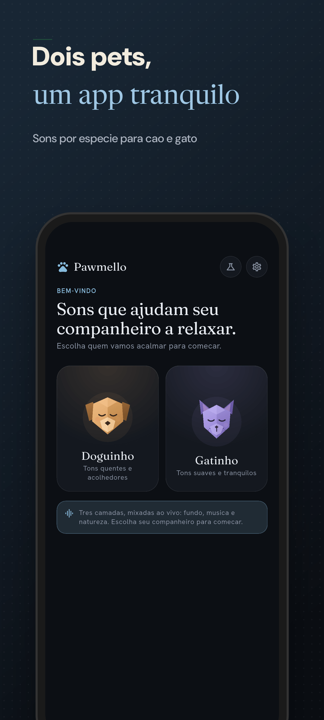 Tela inicial com opcoes de cao e gato