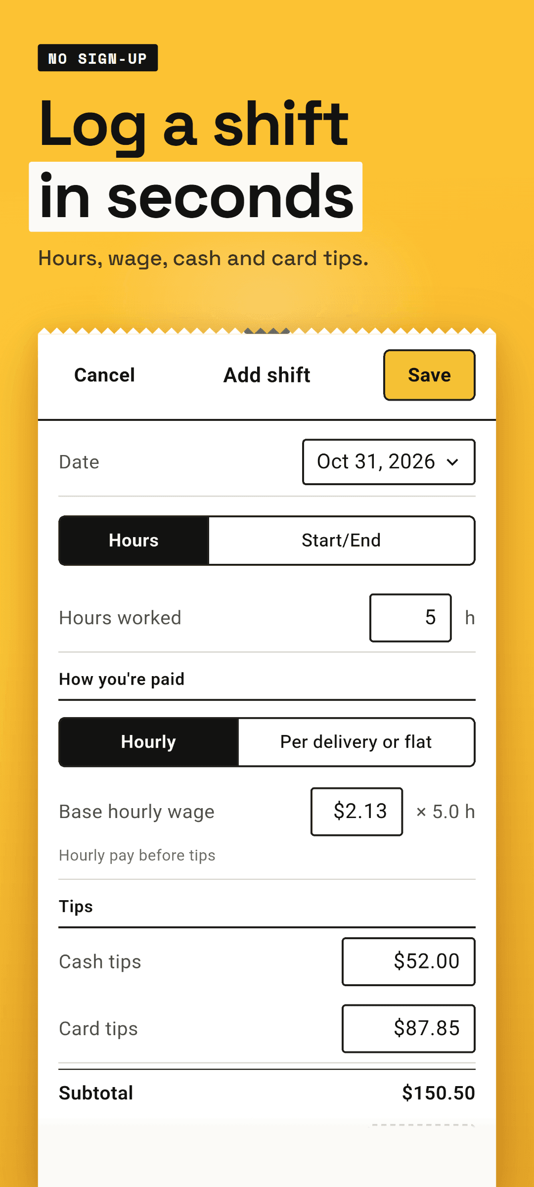 The shift sheet in hourly mode: today's date, hours, base hourly wage and shift type, with cash and card tips filled in
