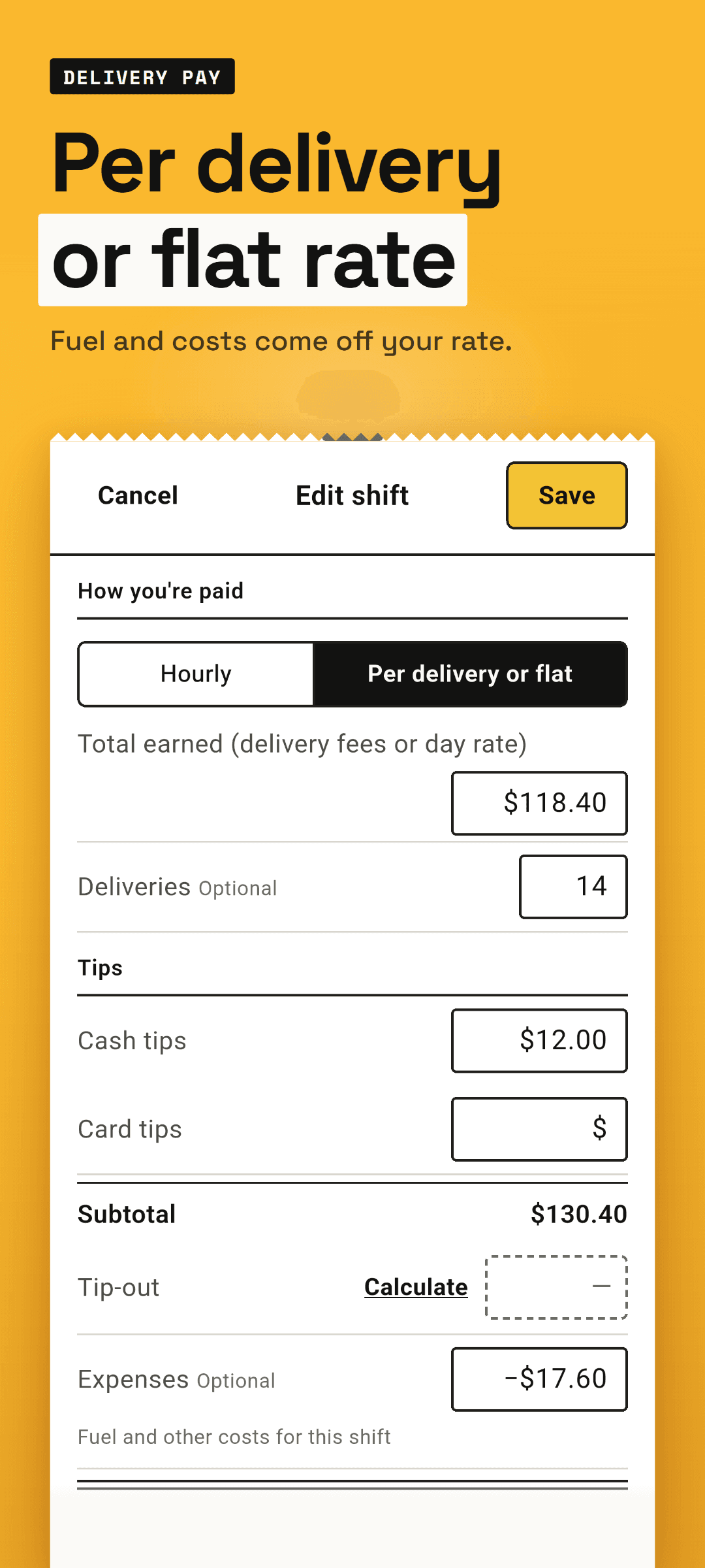 The shift sheet in per-delivery or flat mode: total earned, number of deliveries and expenses filled in