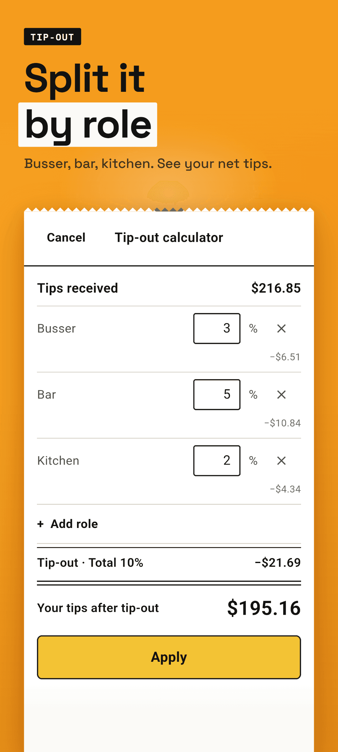 The tip-out calculator: roles such as busser and bar with their percentages, and your tips after tip-out