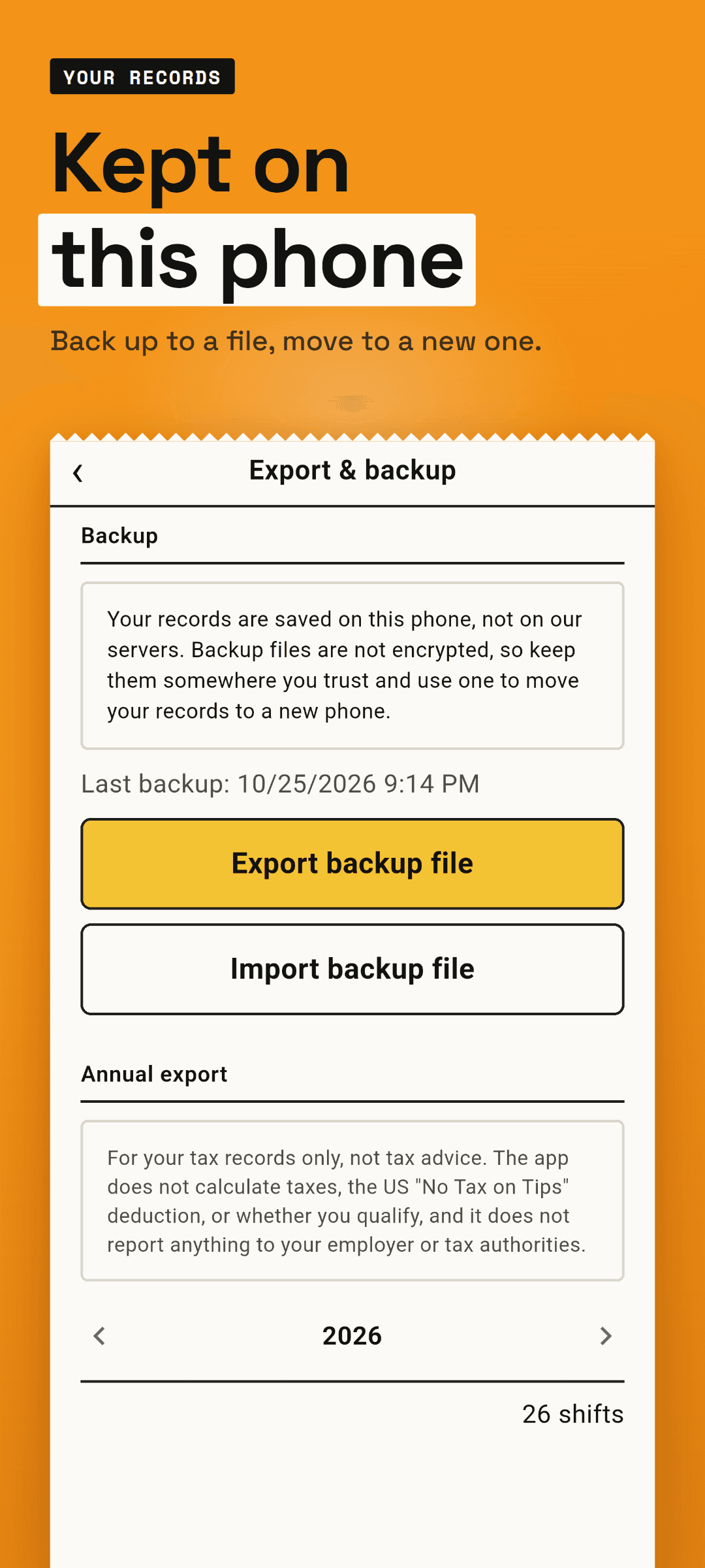 Export and backup: the last backup time, buttons to export and import a backup file, and the note that records are saved on this phone, not on our servers
