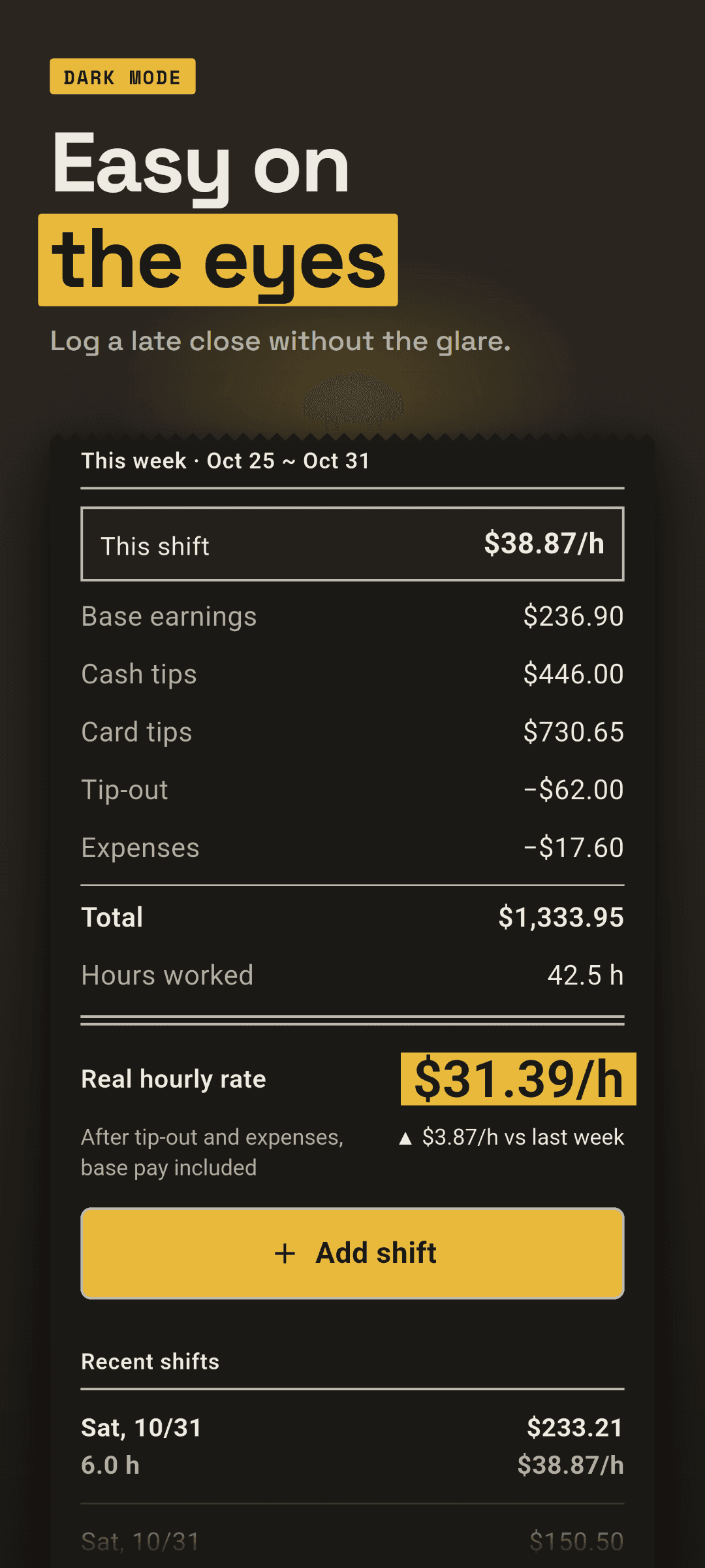 Home in dark mode right after saving a late evening shift: this shift's real hourly rate, this week's rate and the evening shift at the top of recent shifts