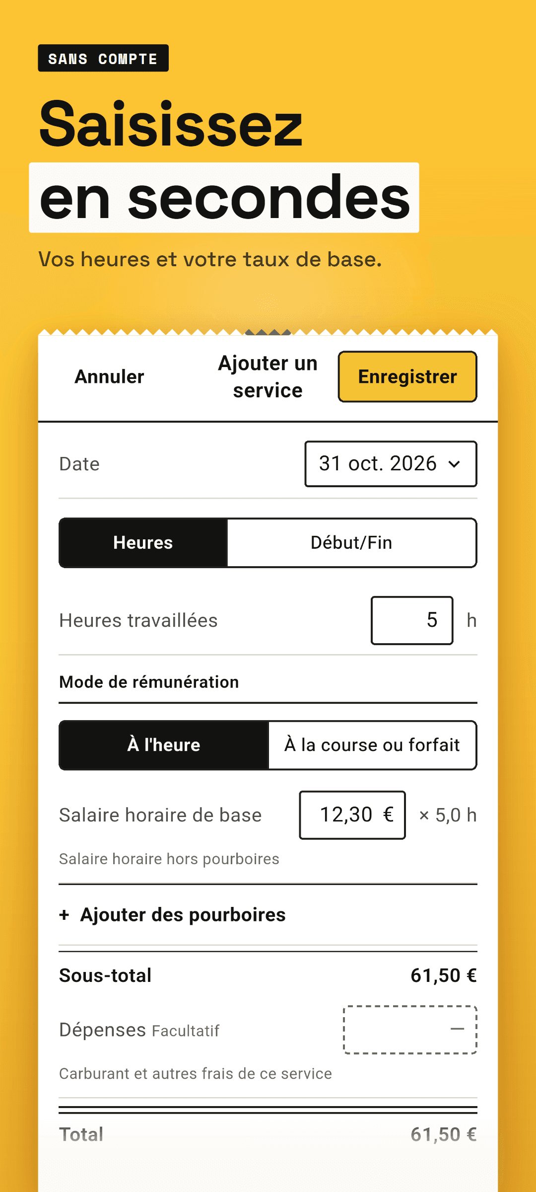 La fiche de service en paie à l'heure : date du jour, heures, salaire horaire de base et type de service remplis