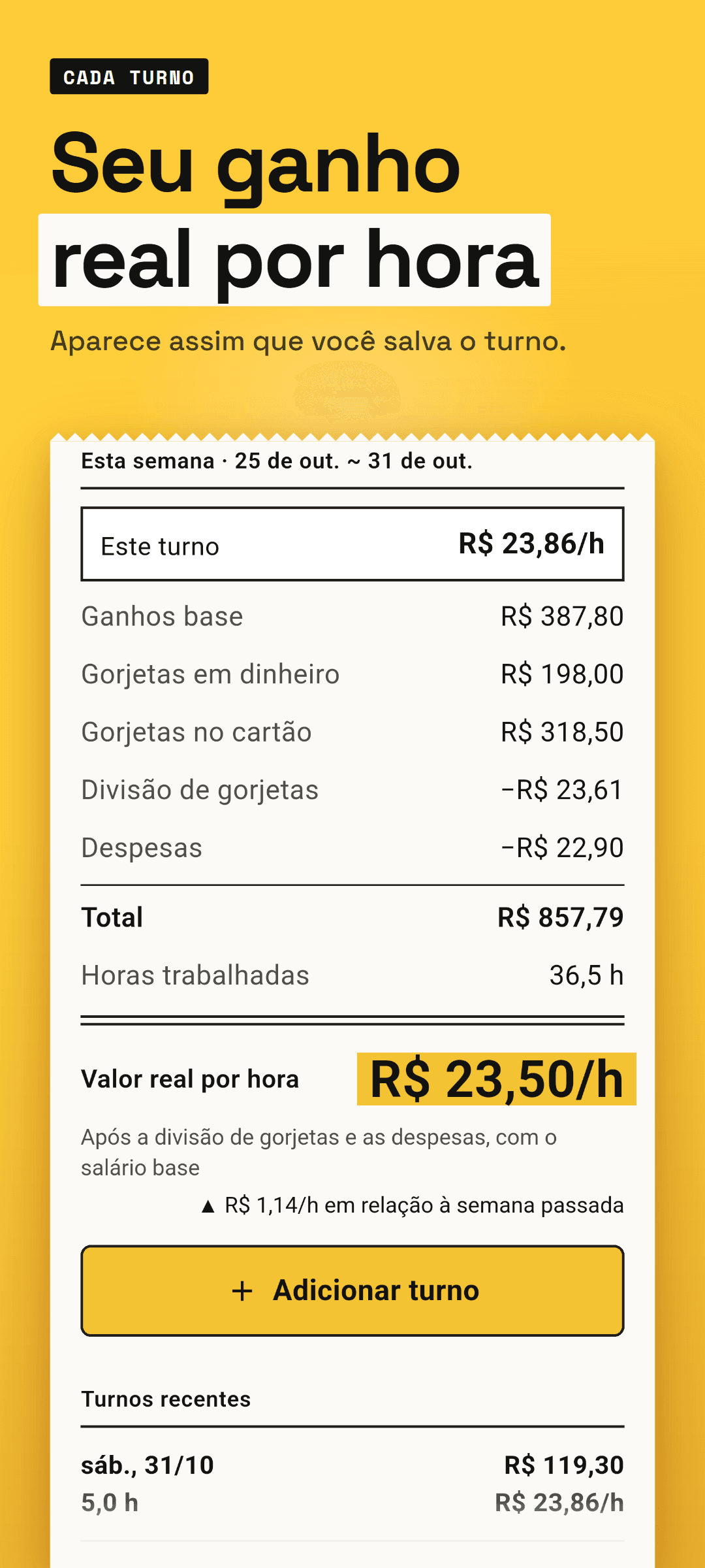 O Início logo depois de salvar um turno: um cartão em destaque com o valor real por hora desse turno, o valor real por hora da semana com o total, as horas e a diferença em relação à semana passada, e os turnos recentes