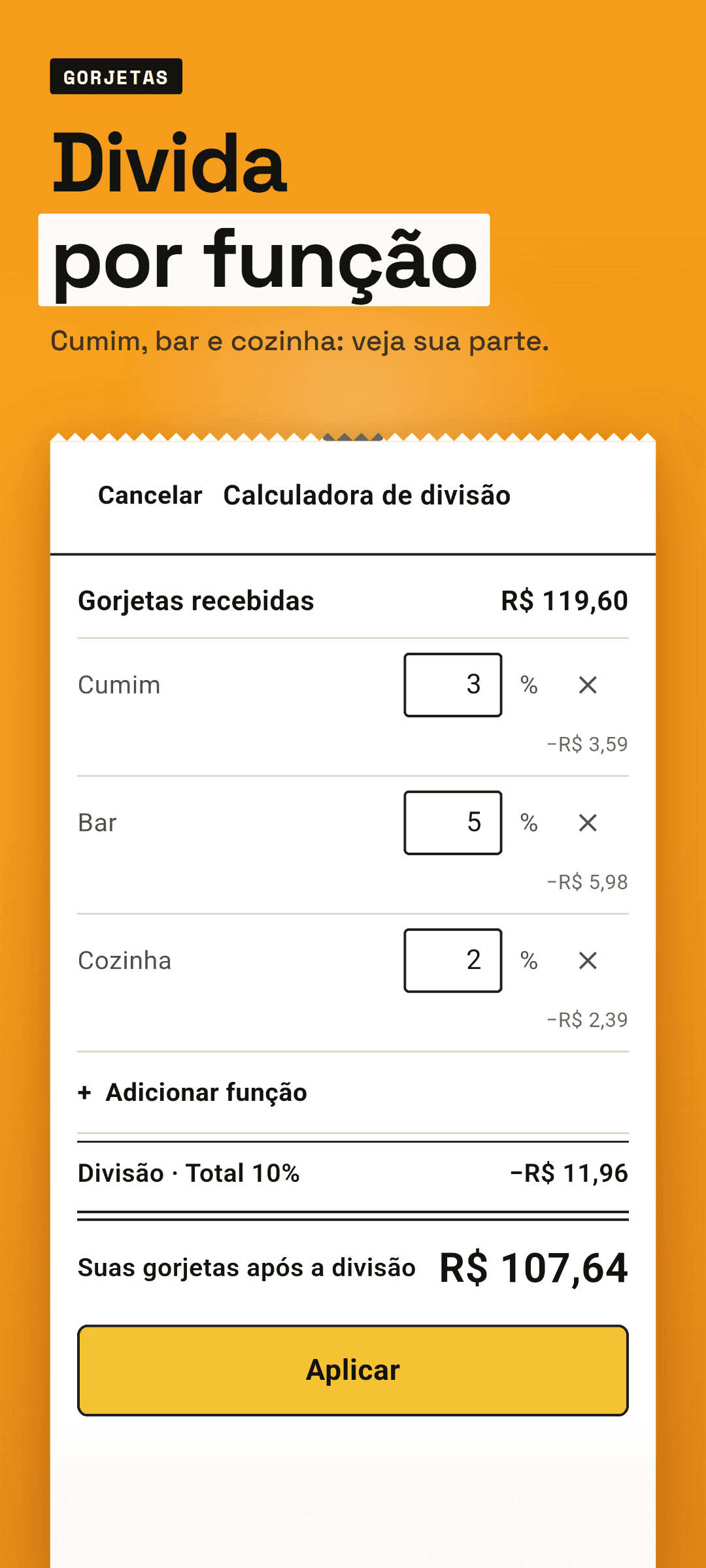 A calculadora de divisão: funções como cumim e bar com sua porcentagem, e suas gorjetas após a divisão
