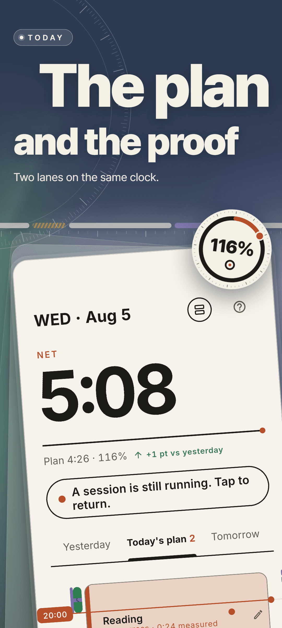 Home screen for Wednesday, August 5: 5:08 net today against a plan of 4:26 (116%), a banner saying a session is still running, and the Today's plan tab