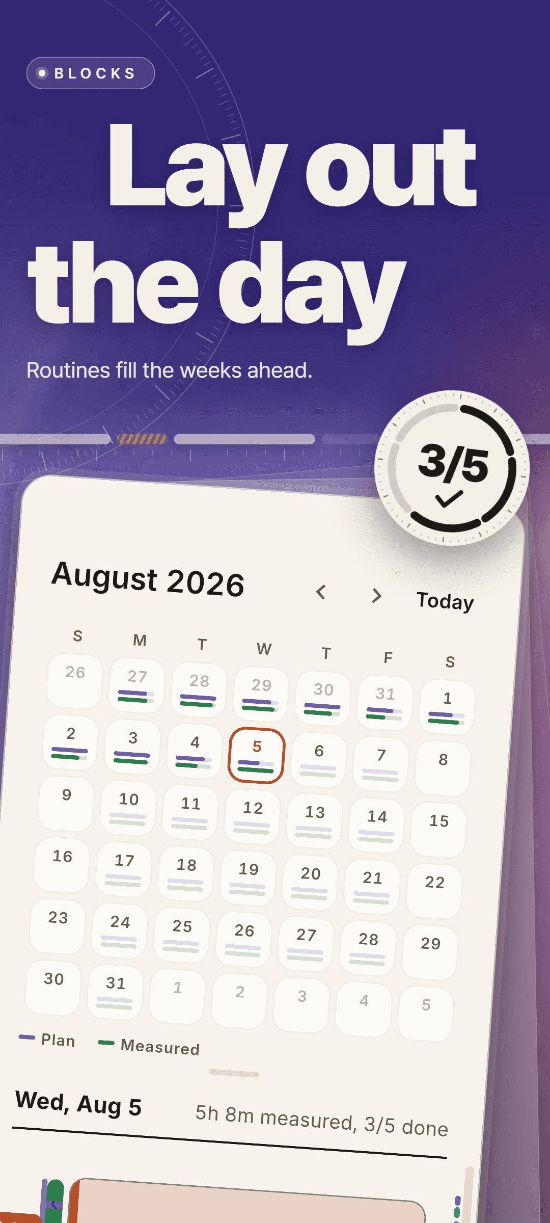The August 2026 calendar with a plan line and a measured line under each day, and August 5 selected: 5h 8m measured, 3/5 done
