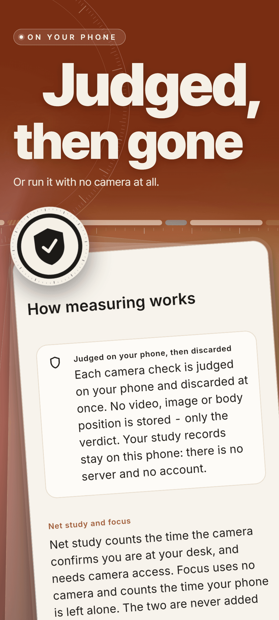 How measuring works: a card explaining that each camera check is judged on the phone and discarded at once, with no video, image or body position stored, followed by how net study and focus differ