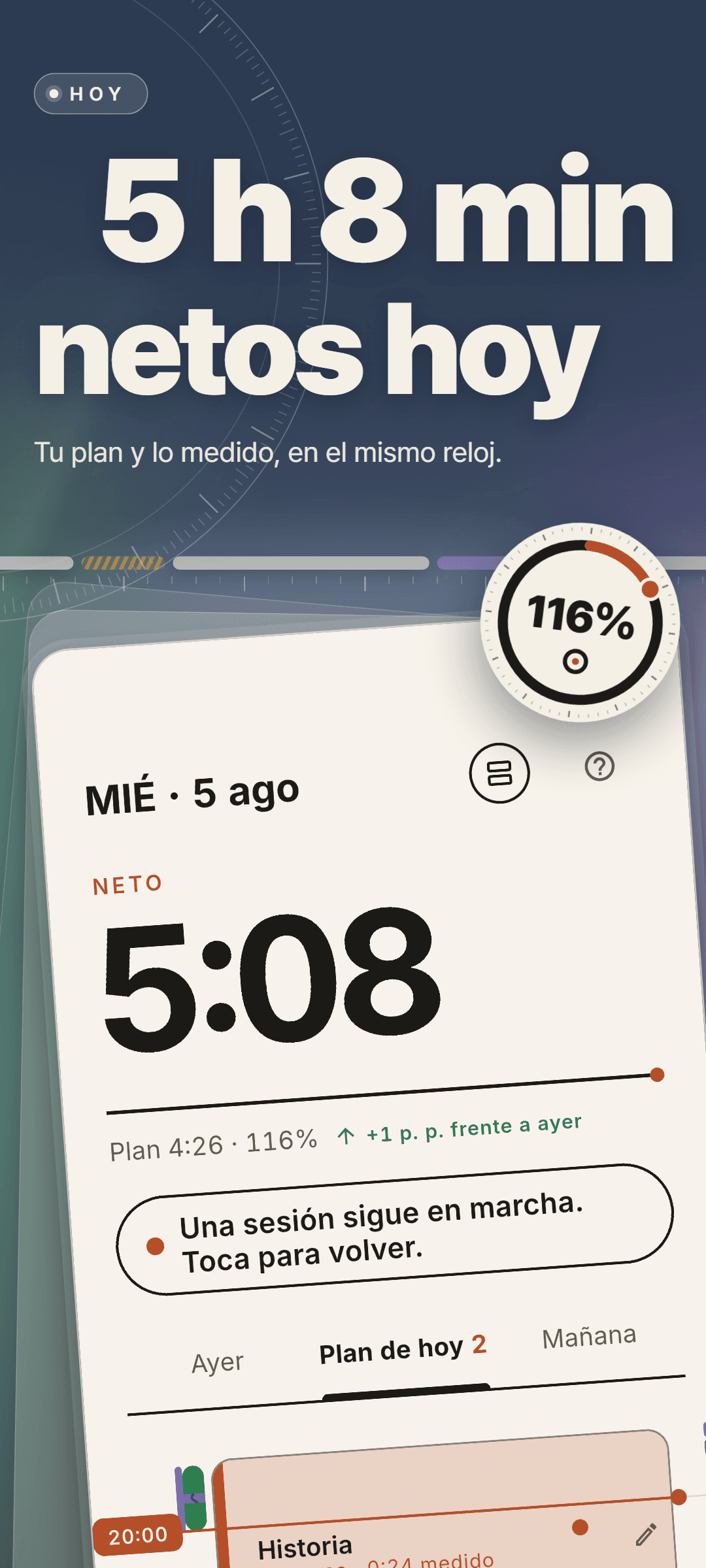 Pantalla de inicio del miércoles 5 de agosto: 5:08 netos hoy frente a un plan de 4:26 (116%), un aviso de que una sesión sigue en marcha y la pestaña Plan de hoy