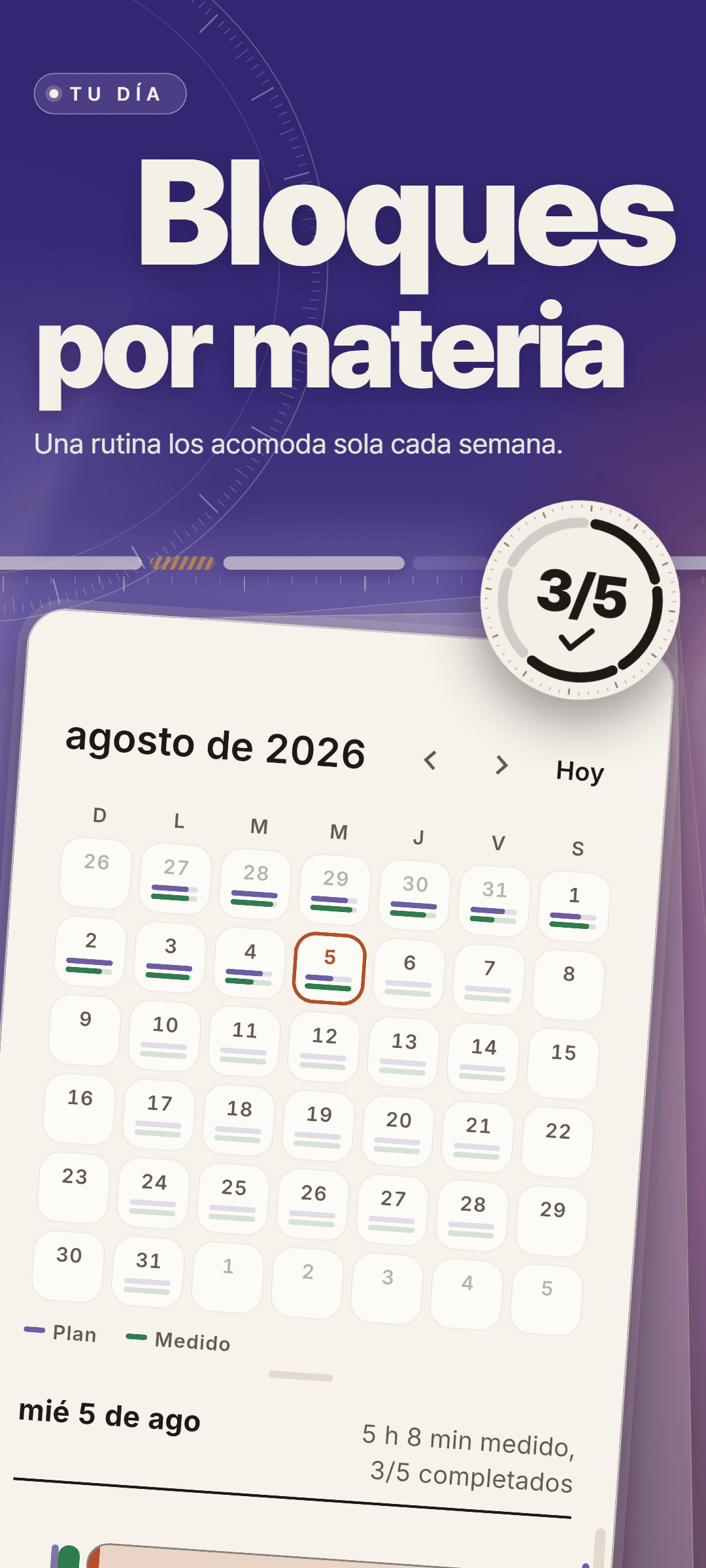 El calendario de agosto de 2026 con una línea de plan y otra de lo medido bajo cada día, y el 5 de agosto seleccionado: 5 h 8 min medidos, 3 de 5 hechos