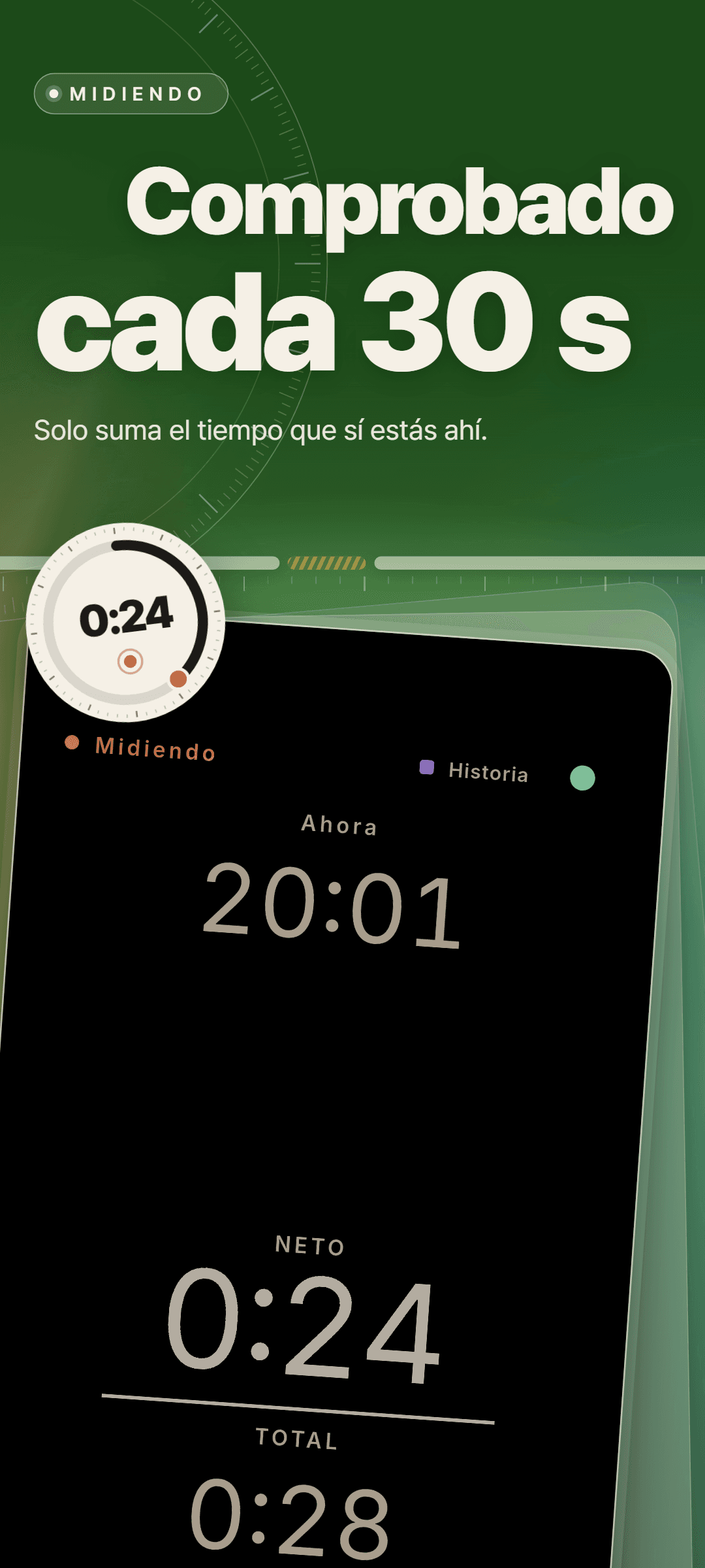 La pantalla de medición, siempre en tema oscuro, con la hora actual, neto 0:24 y total 0:28