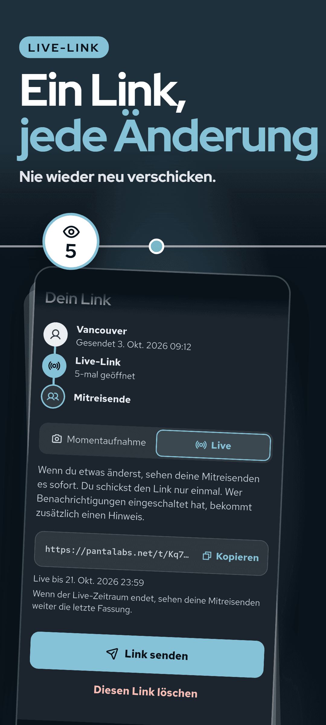 Das Link-Fenster mit ausgewähltem Live-Link: wie oft der Link geöffnet wurde, der Link zum Kopieren, bis wann er live bleibt und die Schaltfläche zum Senden