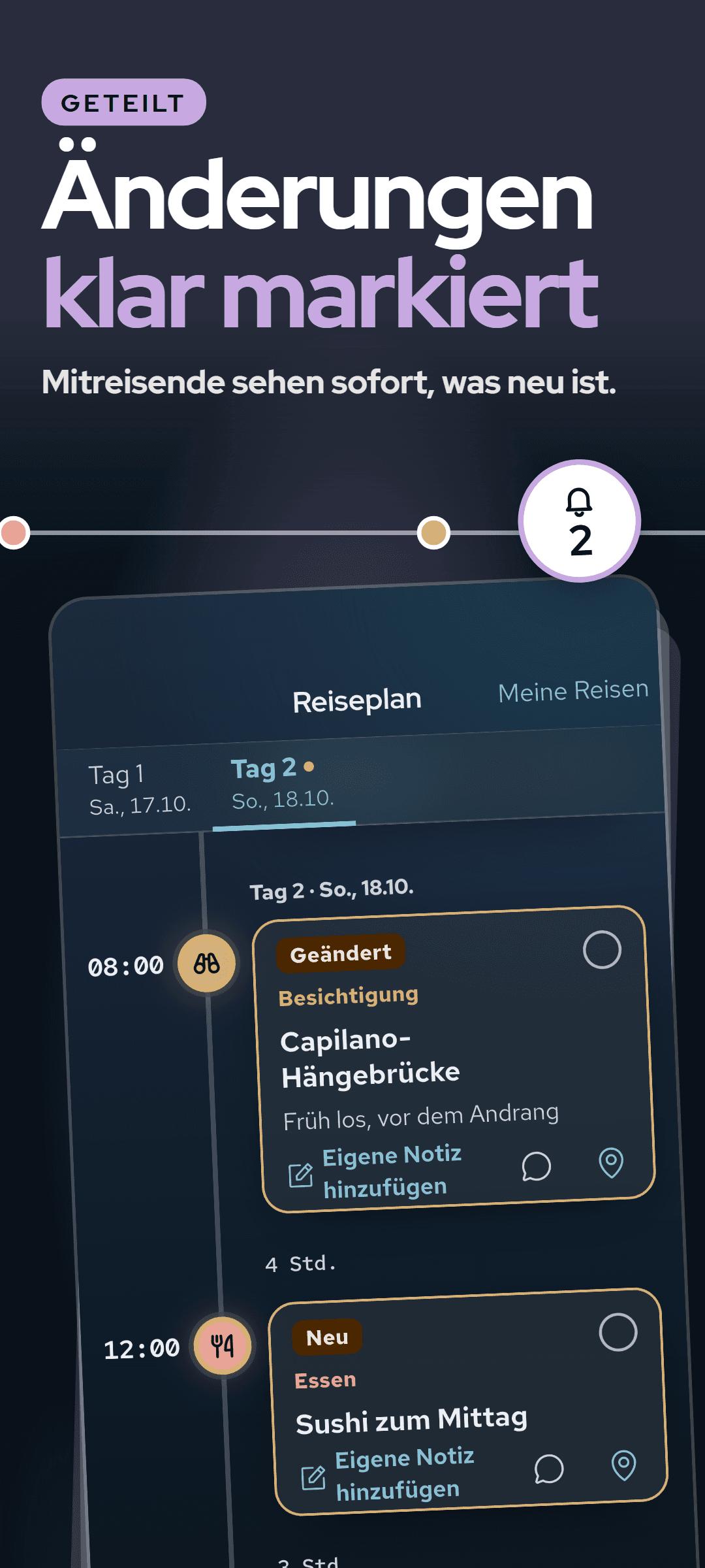 Die Ansicht der Mitreisenden: eine Station als geändert und eine als neu markiert, seit sie zuletzt hingesehen haben