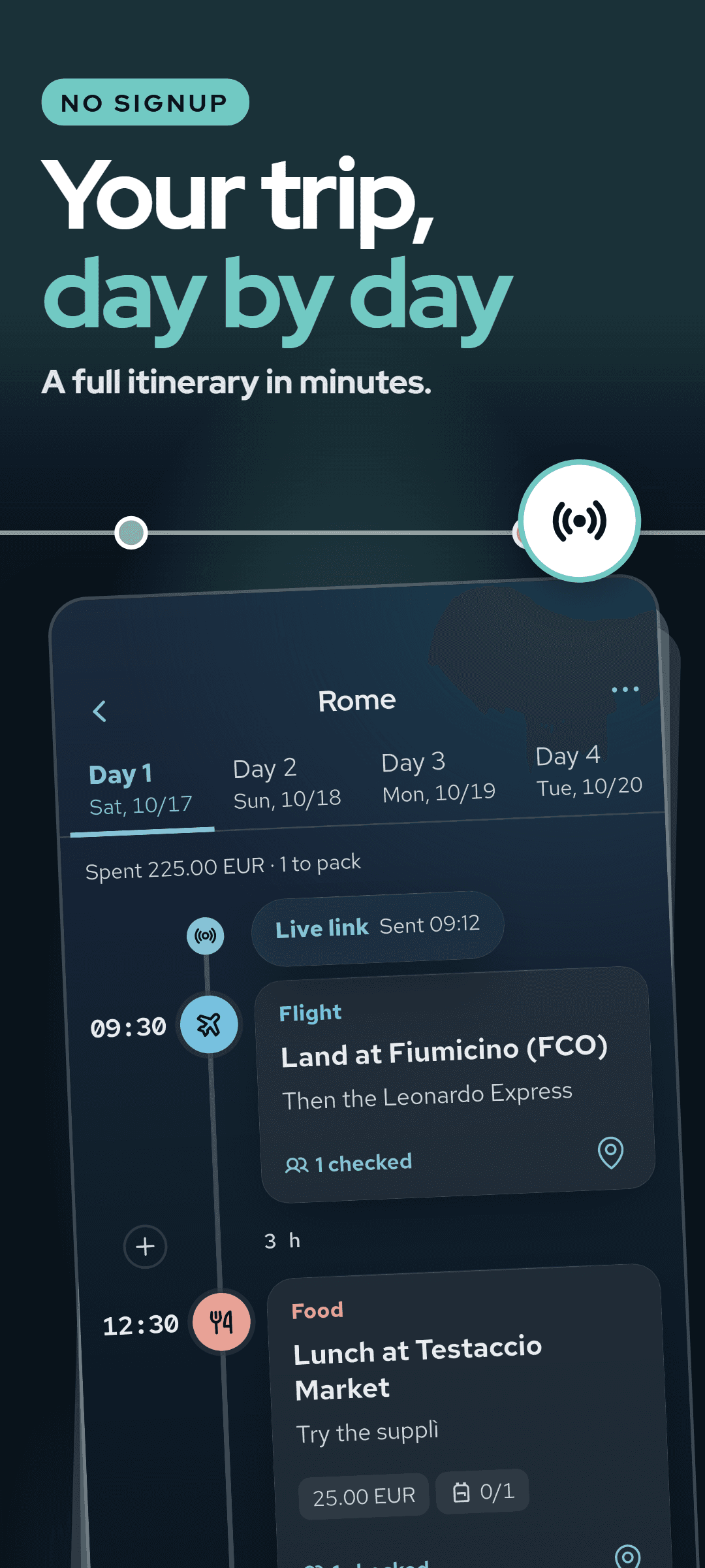 Day 1 of the day-by-day timeline: each stop with its time, note and category mark, the live link that was sent, and a line with what has been spent and what is still to pack