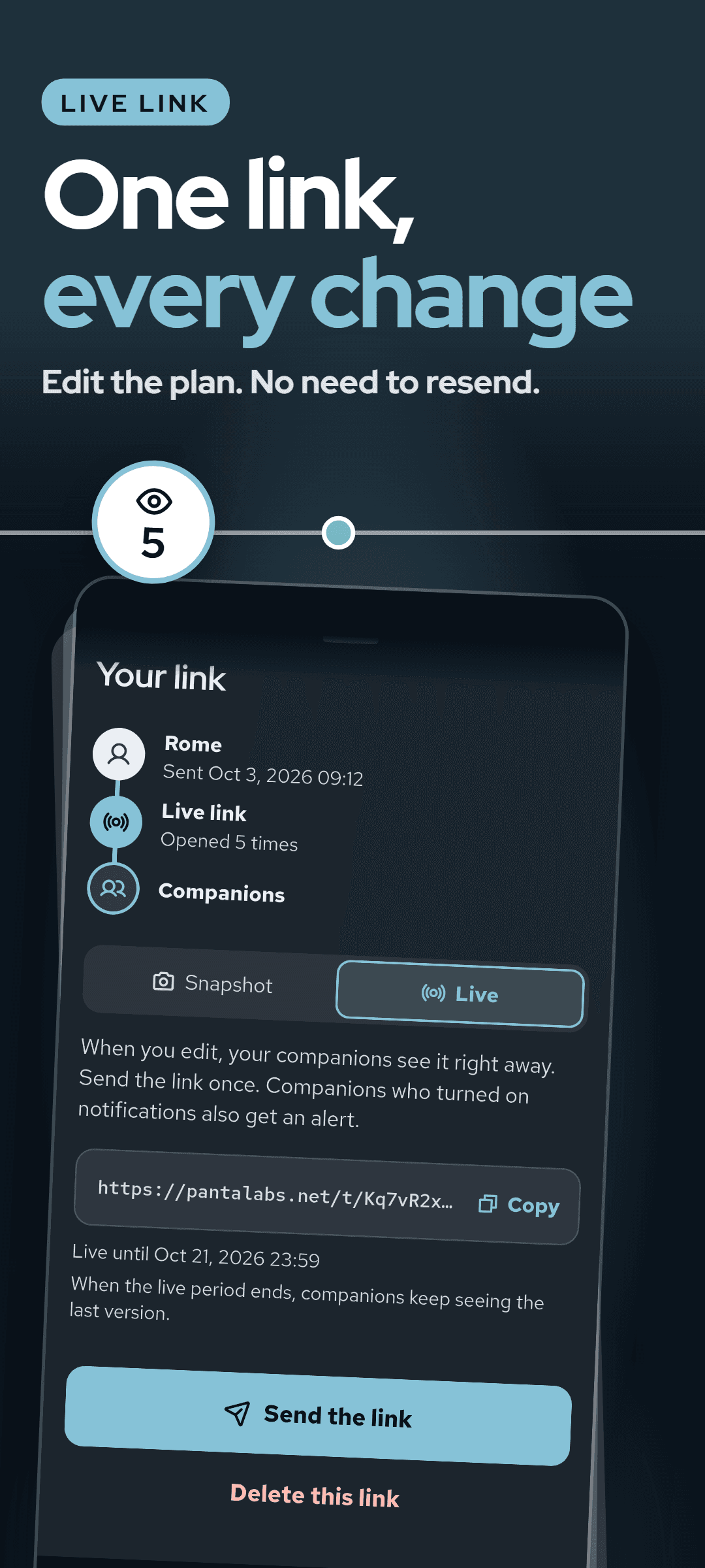 The link sheet with Live selected: how many times the link was opened, the link to copy, the date it stays live until and the button to send it