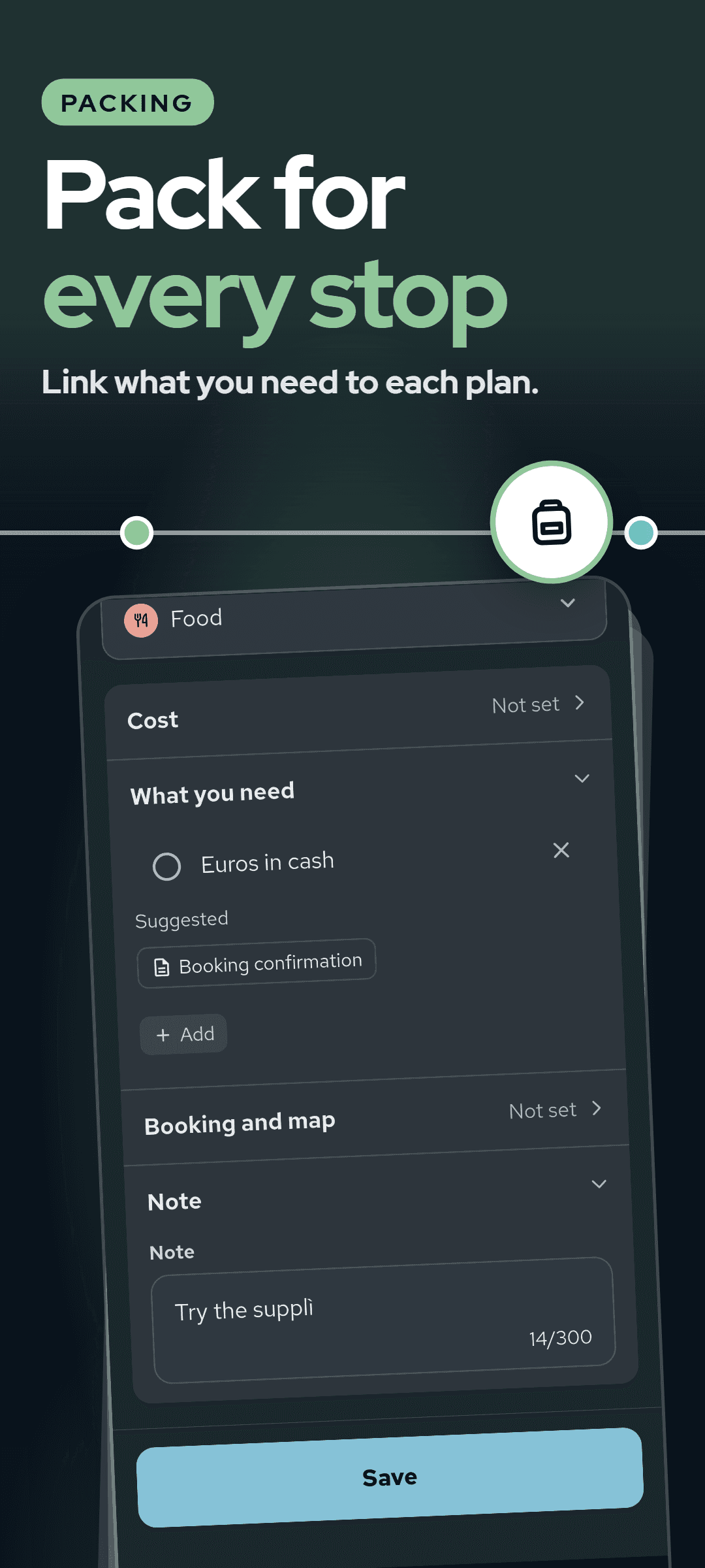 A stop's sheet with What you need open: an item linked to that stop and a suggested item to add