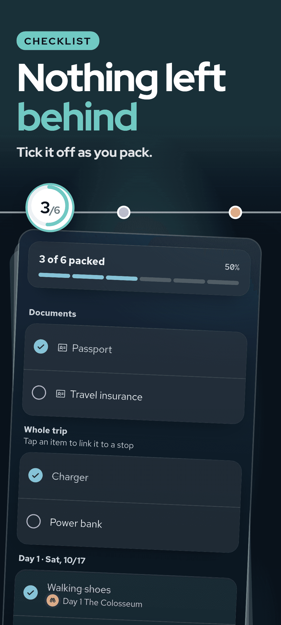 The packing list: a progress bar of packed items, documents, items for the whole trip and items linked to a Day 1 stop