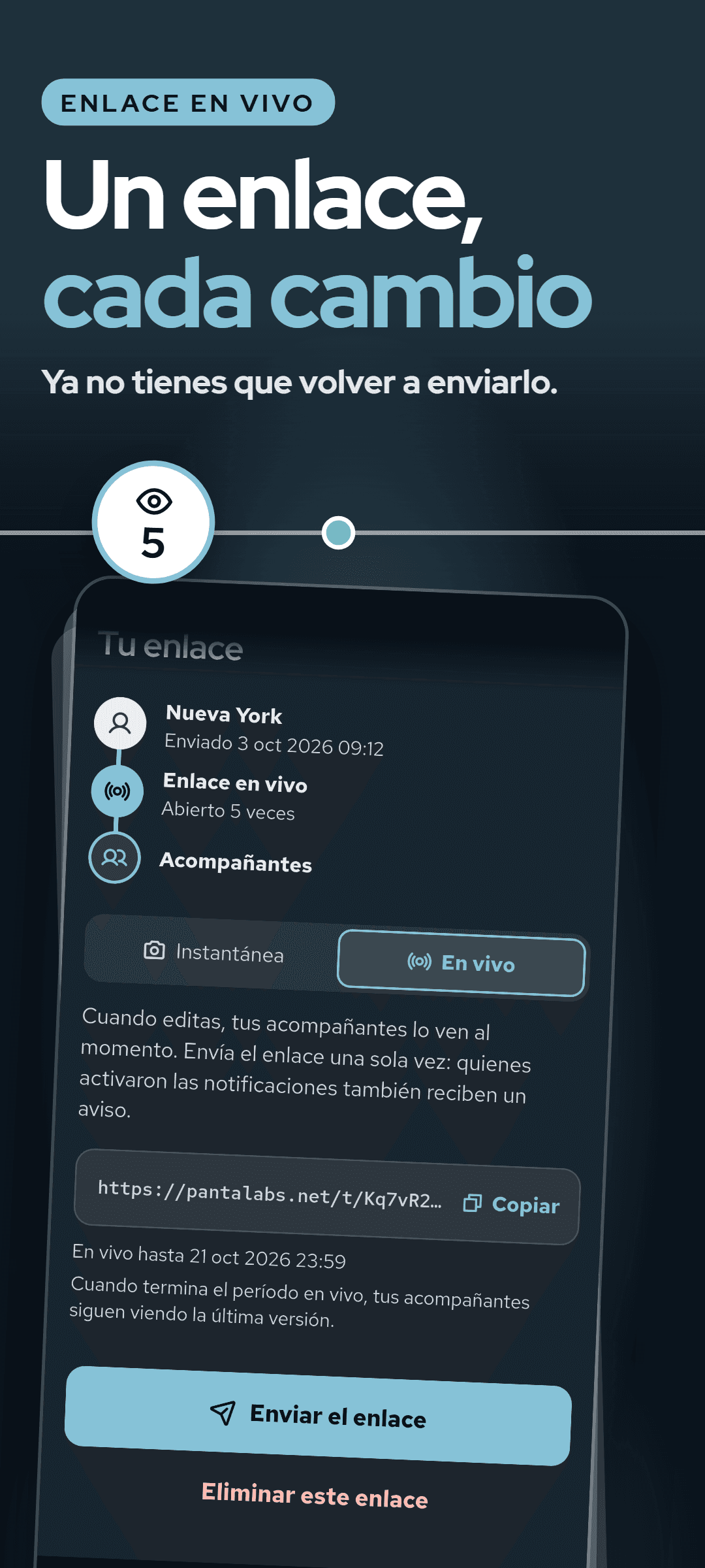 La hoja del enlace con el enlace en vivo elegido: cuántas veces se abrió el enlace, el enlace para copiar, hasta cuándo sigue en vivo y el botón para enviarlo