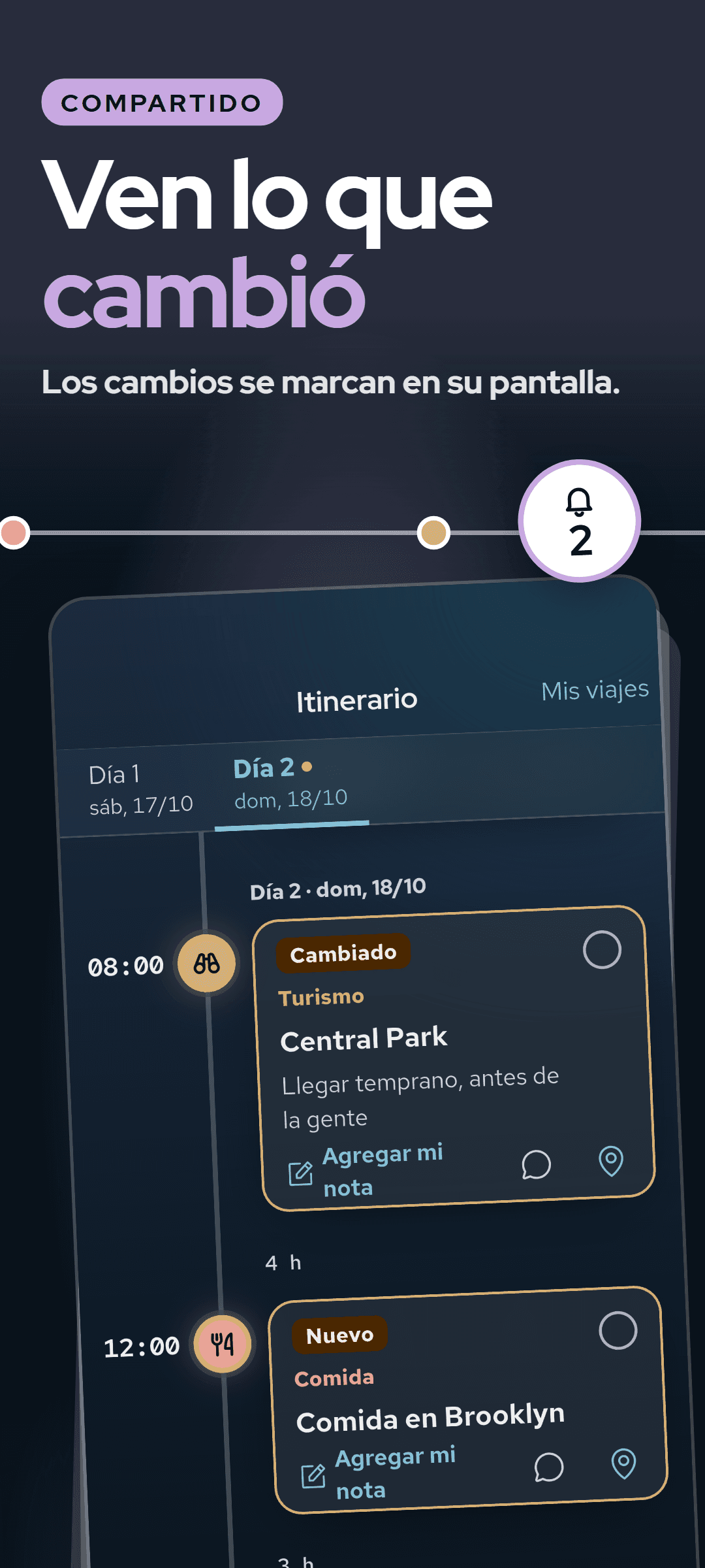 La vista de un acompañante: una parada marcada como cambiada y otra como nueva desde la última vez que la vio