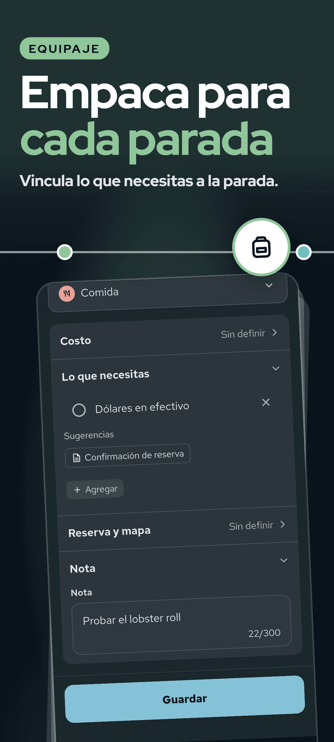 La hoja de una parada con la sección de lo que necesitas abierta: un artículo vinculado a esa parada y uno sugerido para agregar