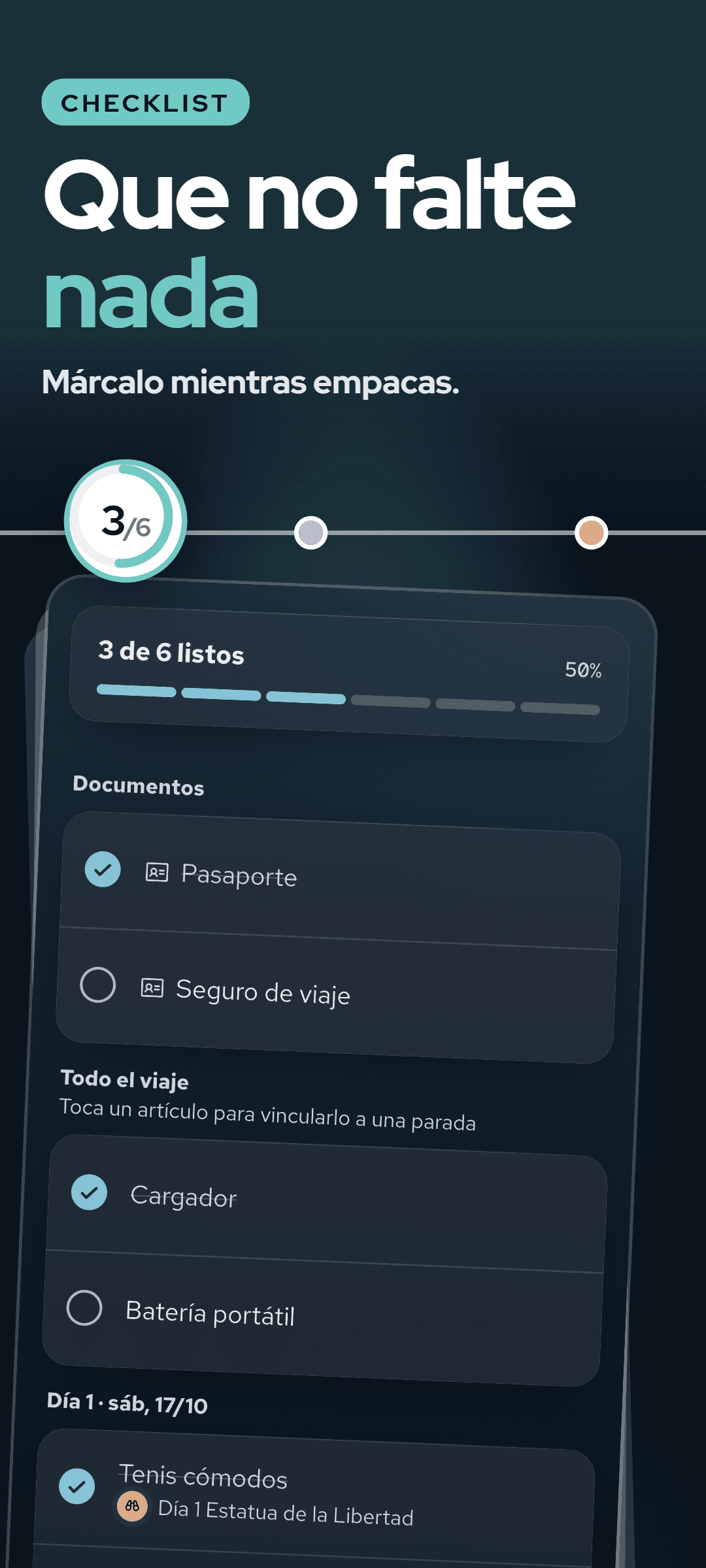 La lista de equipaje: una barra de progreso de lo empacado, documentos, artículos para todo el viaje y artículos vinculados a una parada del día 1