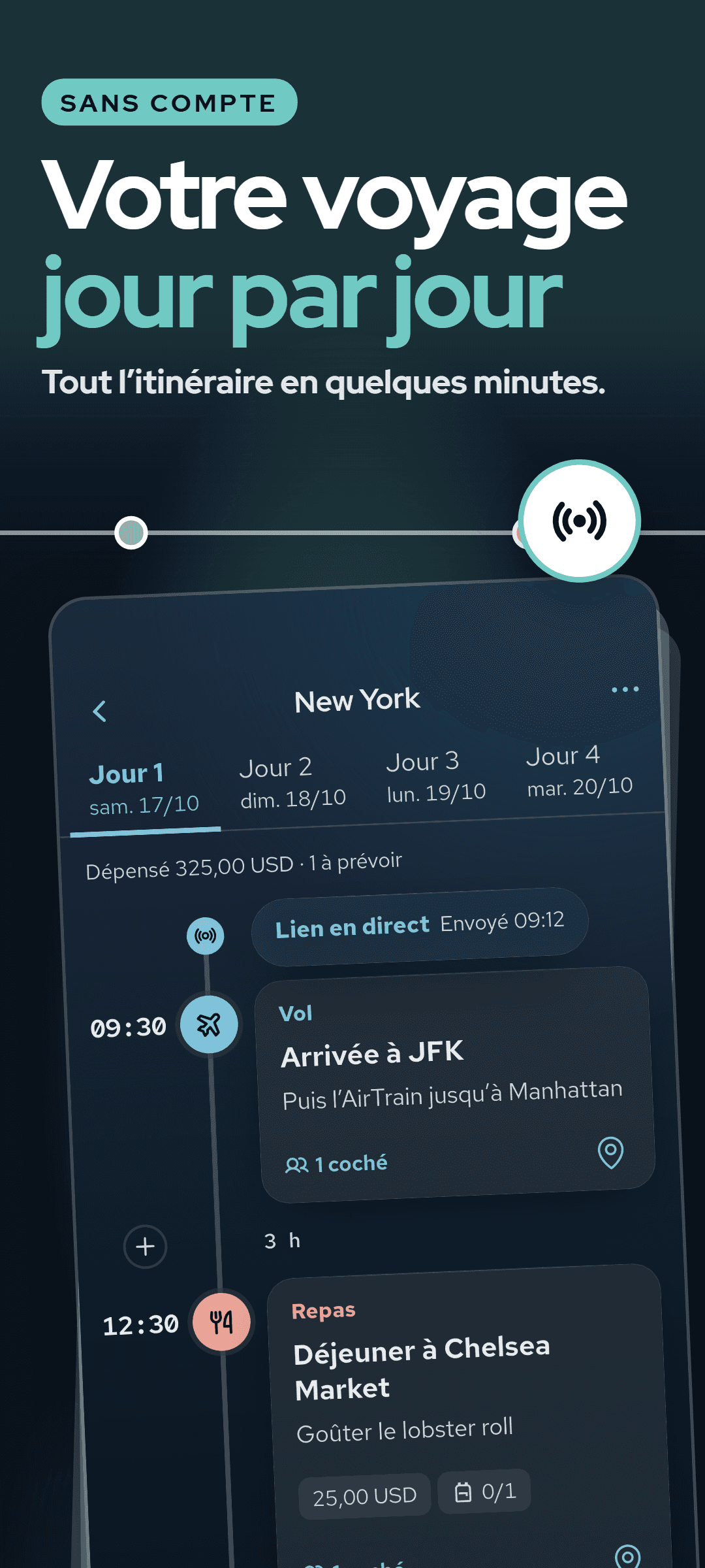 Le jour 1 de la frise : chaque étape avec son heure, sa note et son repère, le lien en direct envoyé, et une ligne avec ce qui est dépensé et ce qu’il reste à emporter