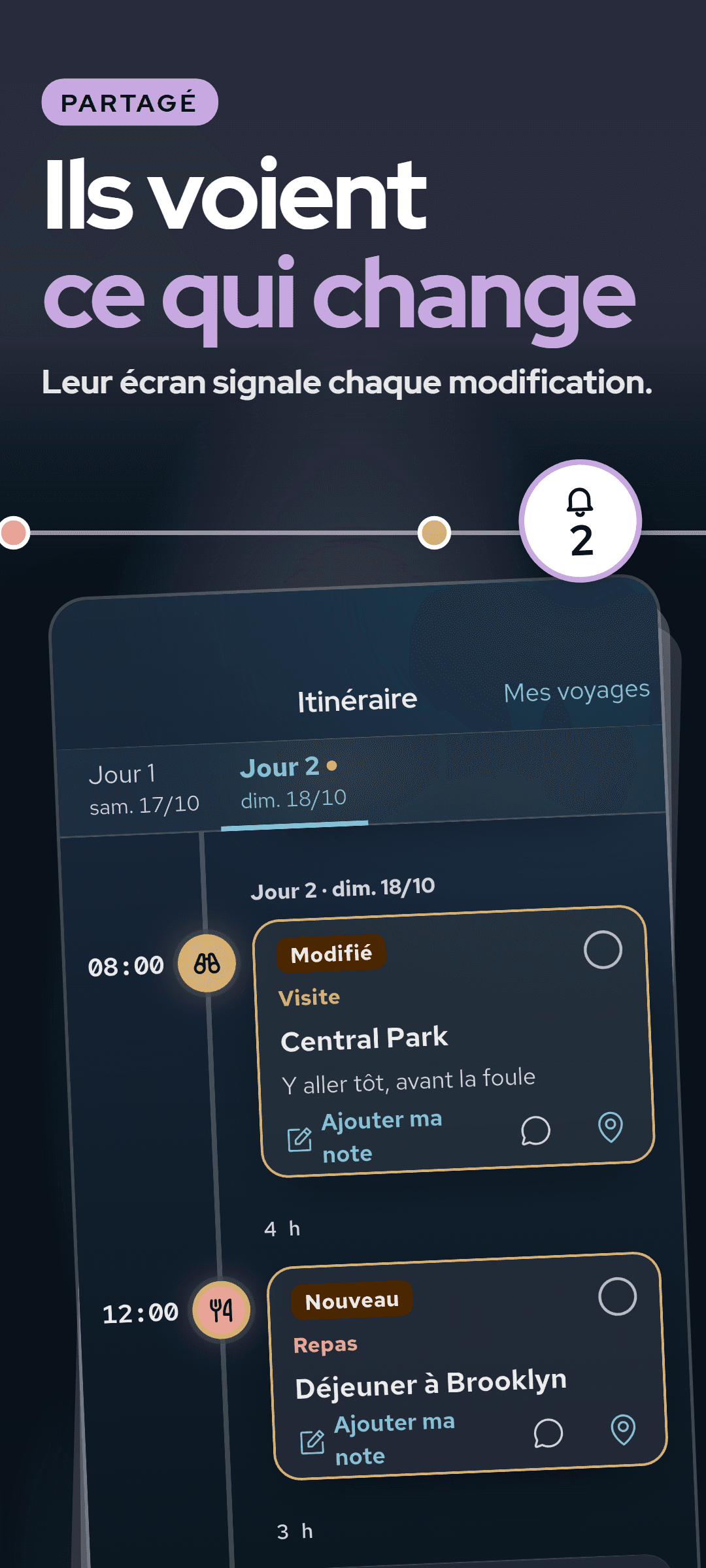 La vue d’un compagnon : une étape signalée comme modifiée et une autre comme nouvelle depuis sa dernière visite