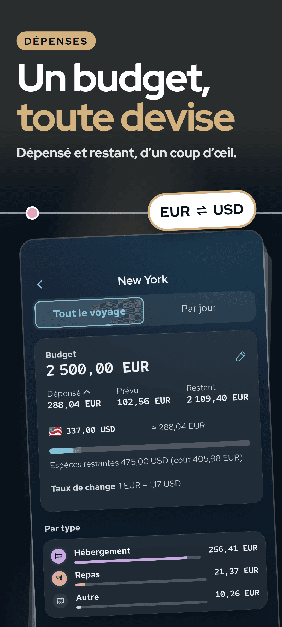 Les dépenses du voyage : le budget avec dépensé, prévu et restant, les dépenses par devise aux taux saisis, les espèces restantes et les dépenses par type