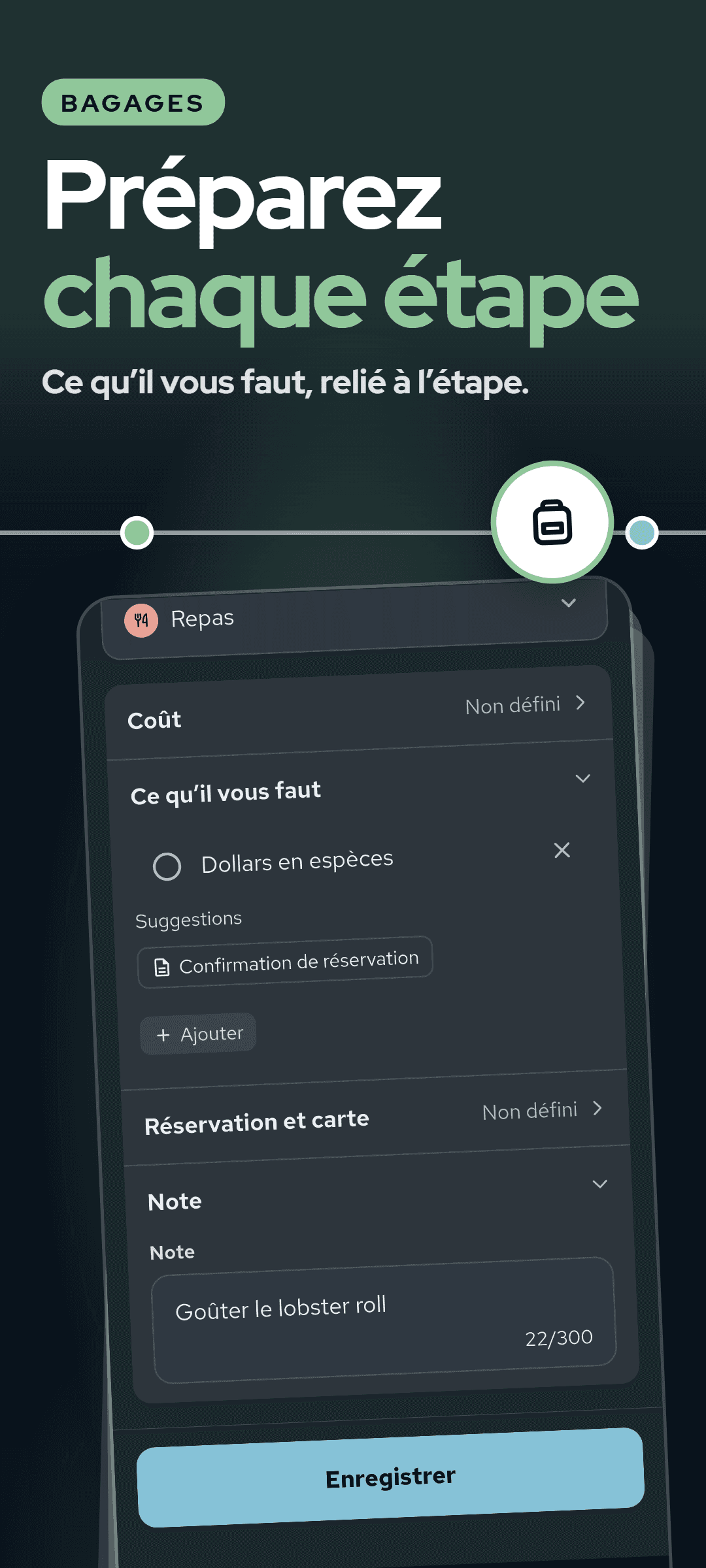 La fenêtre d’une étape avec la section des choses à emporter ouverte : un article relié à cette étape et un article suggéré à ajouter