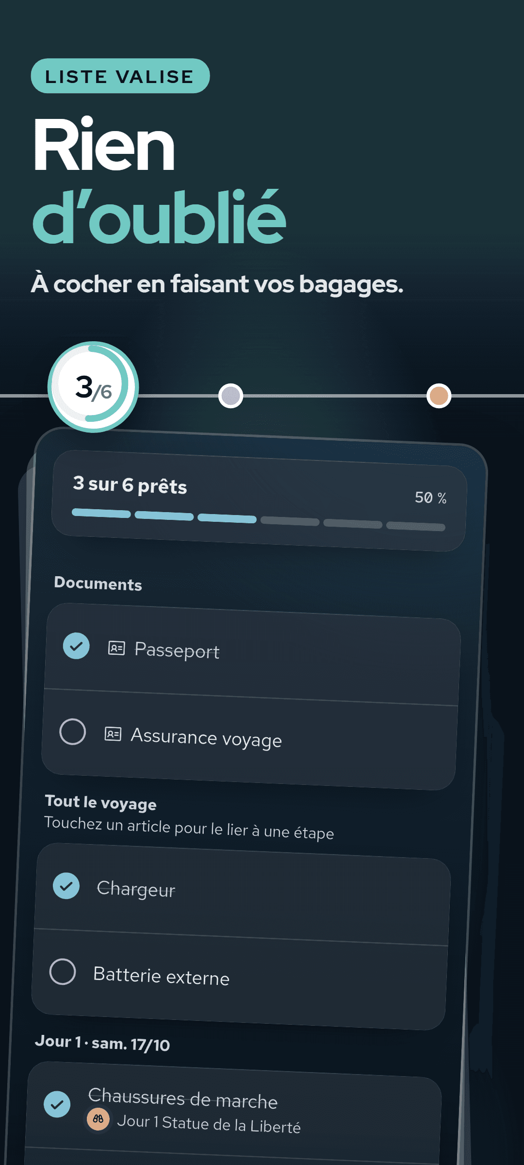 La liste valise : une barre de progression des articles emballés, les documents, les articles pour tout le voyage et ceux reliés à une étape du jour 1