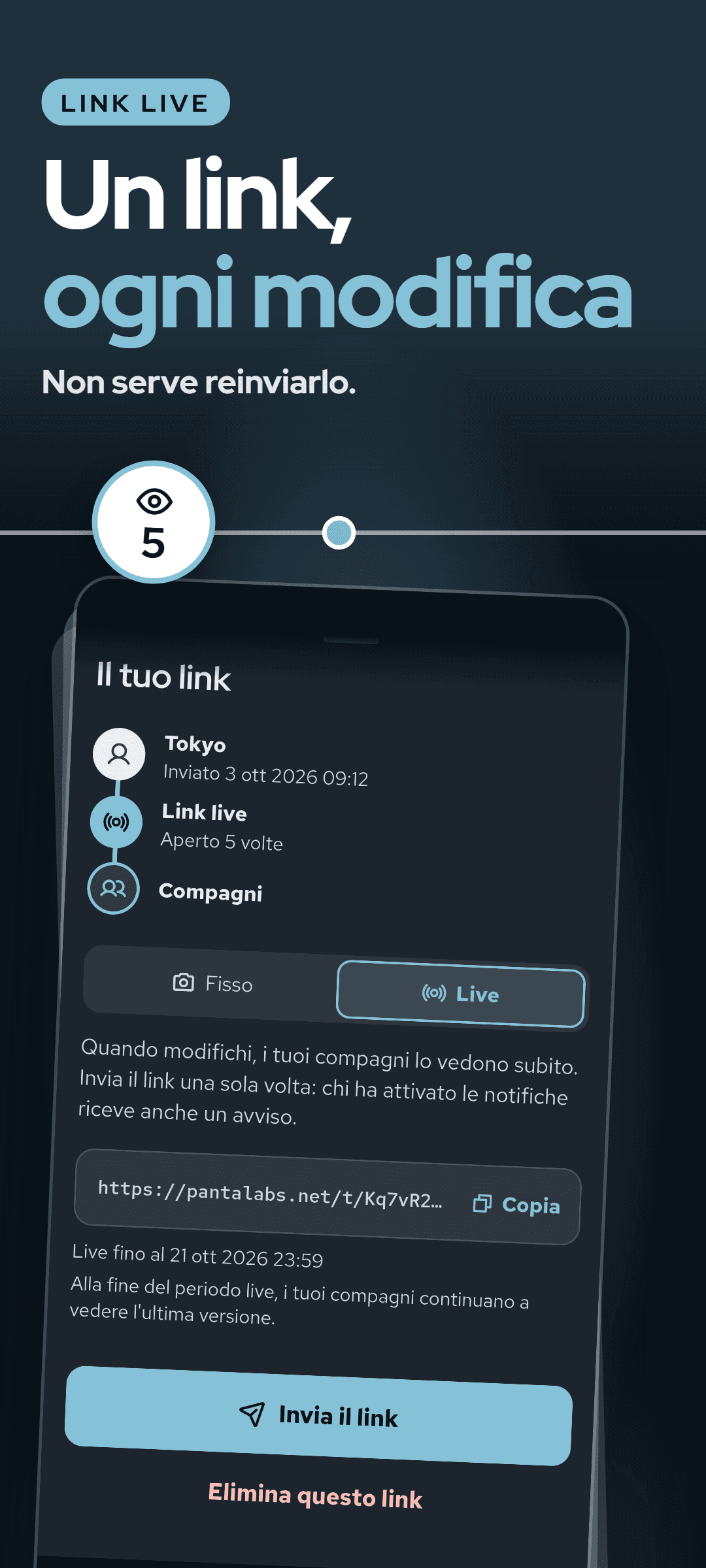 La scheda del link con il link live selezionato: quante volte il link è stato aperto, il link da copiare, fino a quando resta live e il pulsante per inviarlo