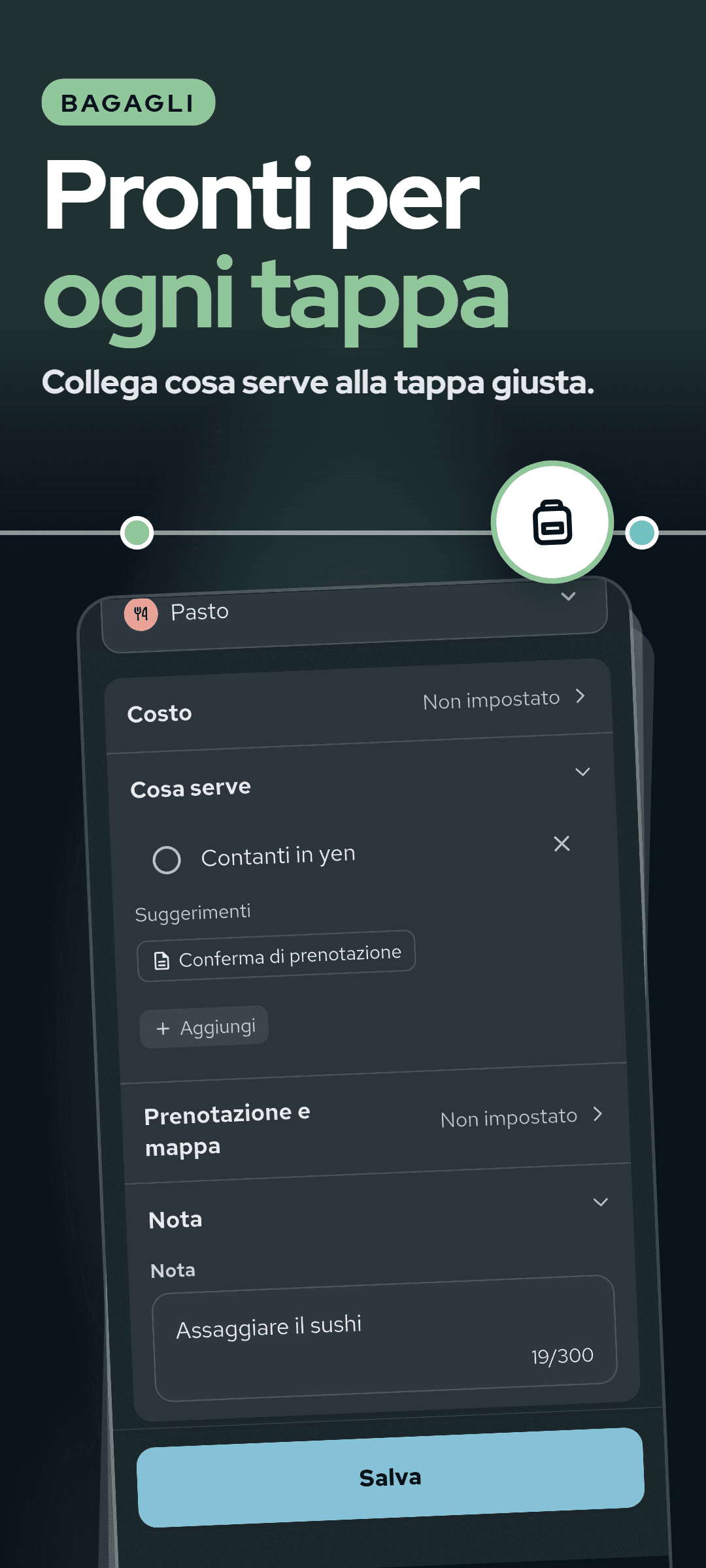 La scheda di una tappa con la sezione delle cose che servono aperta: una voce collegata a quella tappa e una voce suggerita da aggiungere