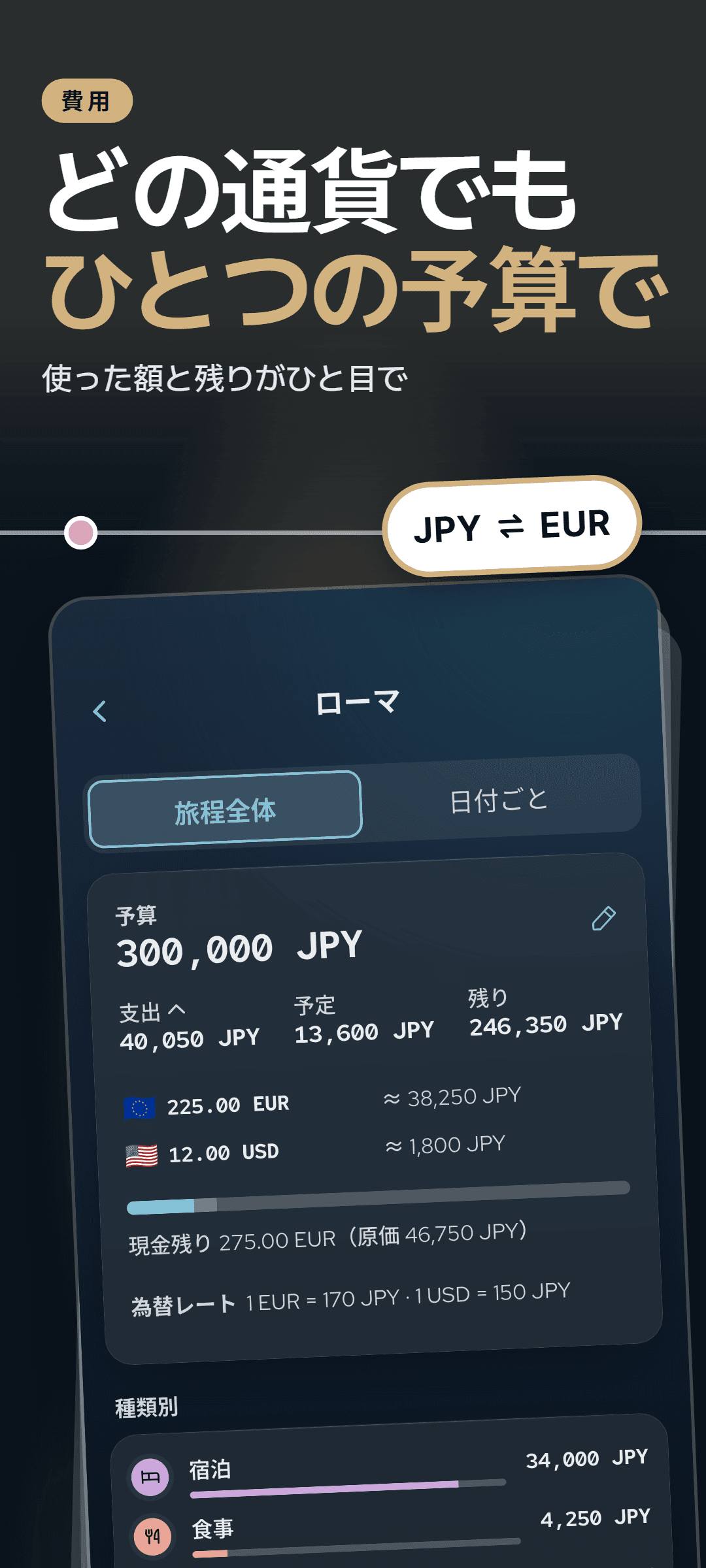 旅行の費用:予算と支出・予定・残り、入力したレートで分けた通貨ごとの支出、現金の残り、種類別の支出
