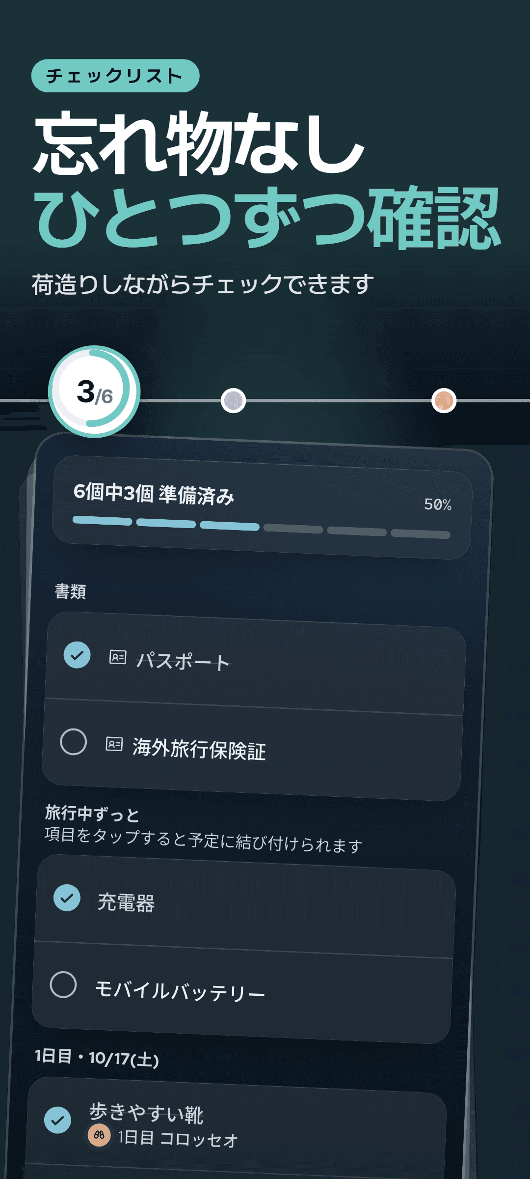 持ち物リスト:準備済みの数を示す進捗バー、書類、旅行中ずっと使うもの、1日目の予定にひもづけた持ち物