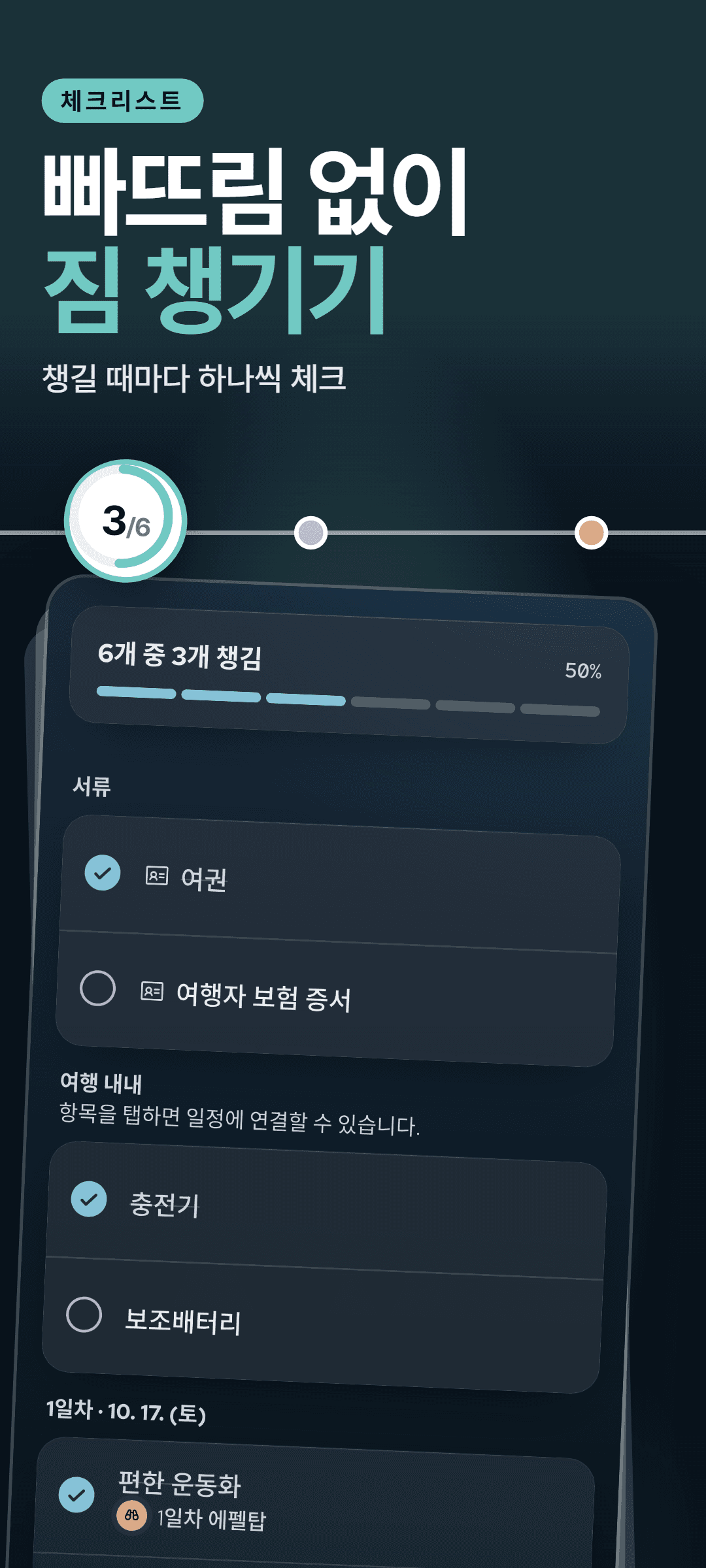 준비물 목록: 챙긴 개수 진행 바, 서류, 여행 내내 쓸 물건, 1일 차 일정에 연결된 물건이 보입니다