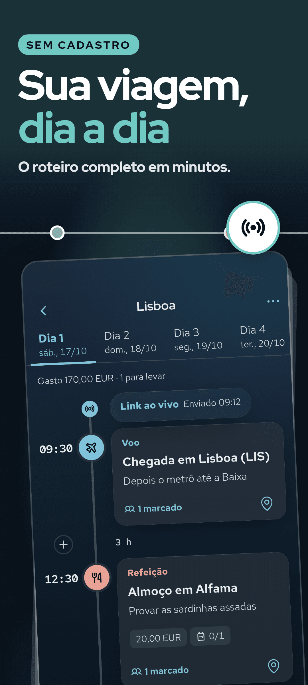 O dia 1 da linha do tempo: cada parada com horário, anotação e marca de tipo, o link ao vivo enviado e uma linha com o que já foi gasto e o que falta pôr na mala