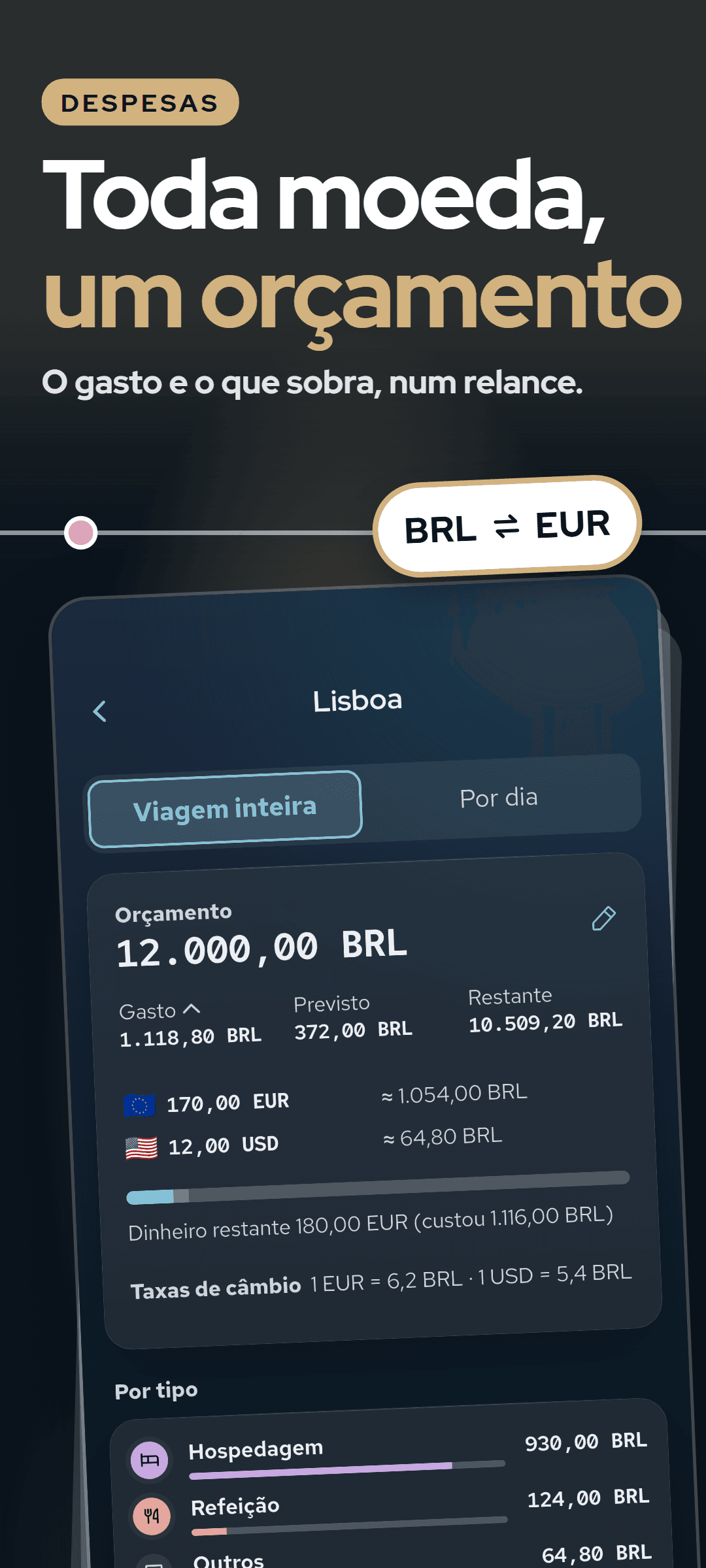Gastos da viagem: o orçamento com gasto, previsto e restante, gastos por moeda nas taxas informadas, o dinheiro que sobra e gastos por tipo