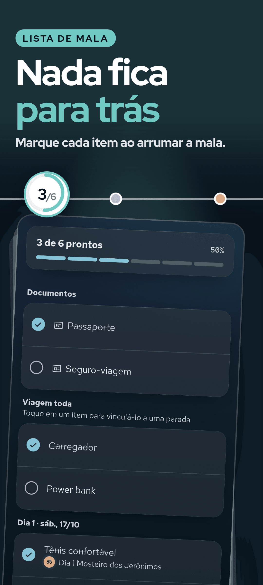 A lista de mala: uma barra de progresso dos itens na mala, documentos, itens para a viagem toda e itens ligados a uma parada do dia 1