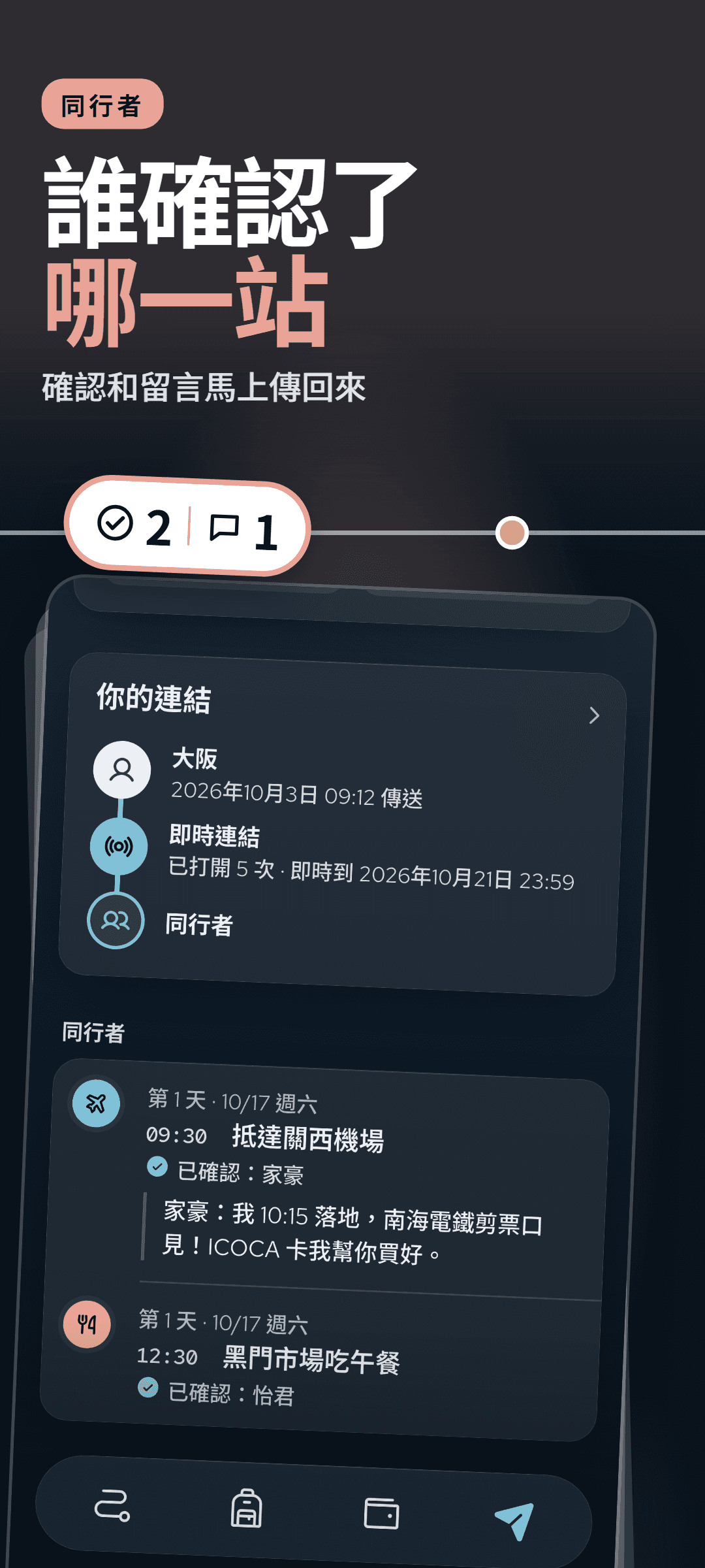 發起人的同行者面板:每個已確認的行程旁顯示確認人的名字,還有一則傳回來的留言